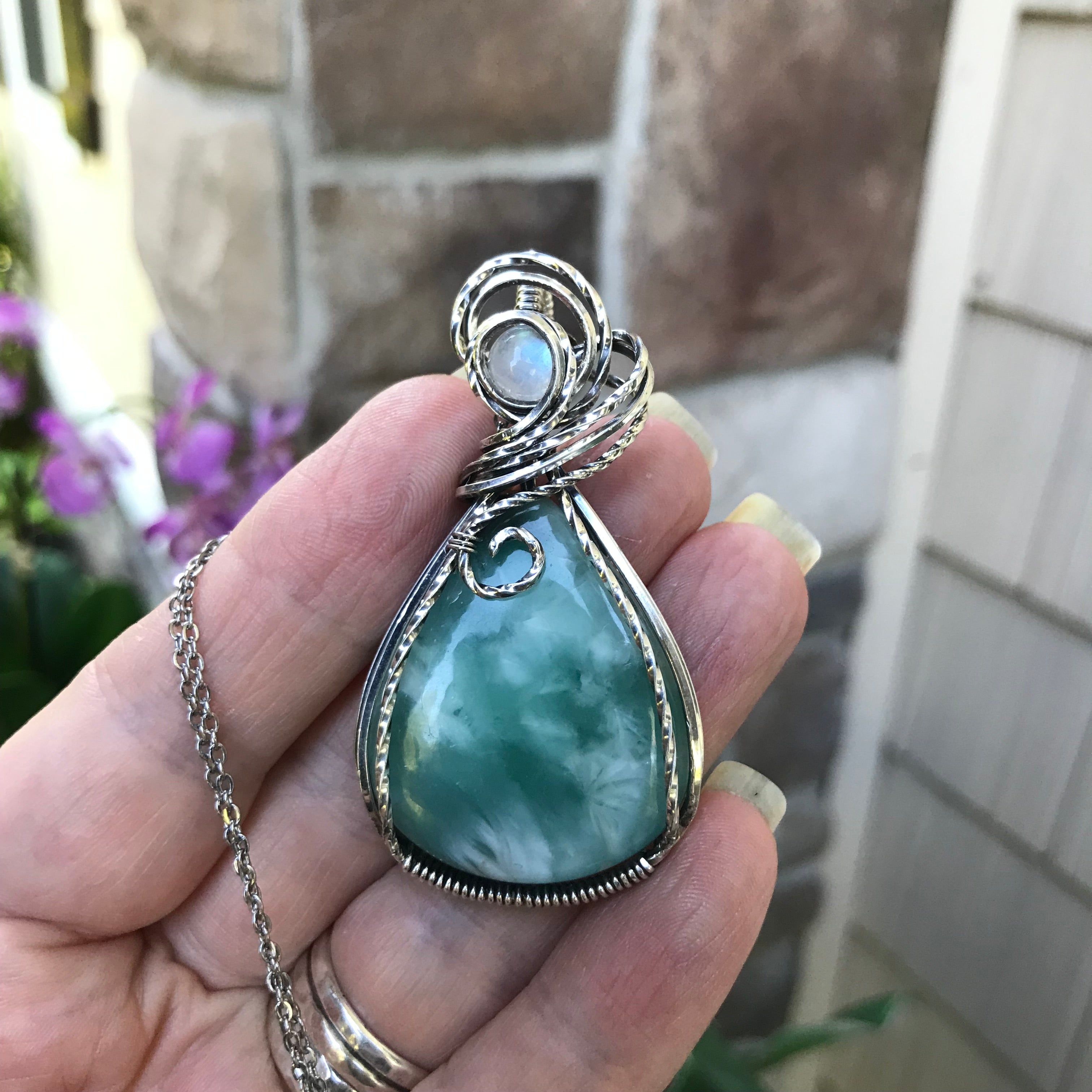 Hemimorphite & Moonstone Sterling Silver Pendant with Swirls