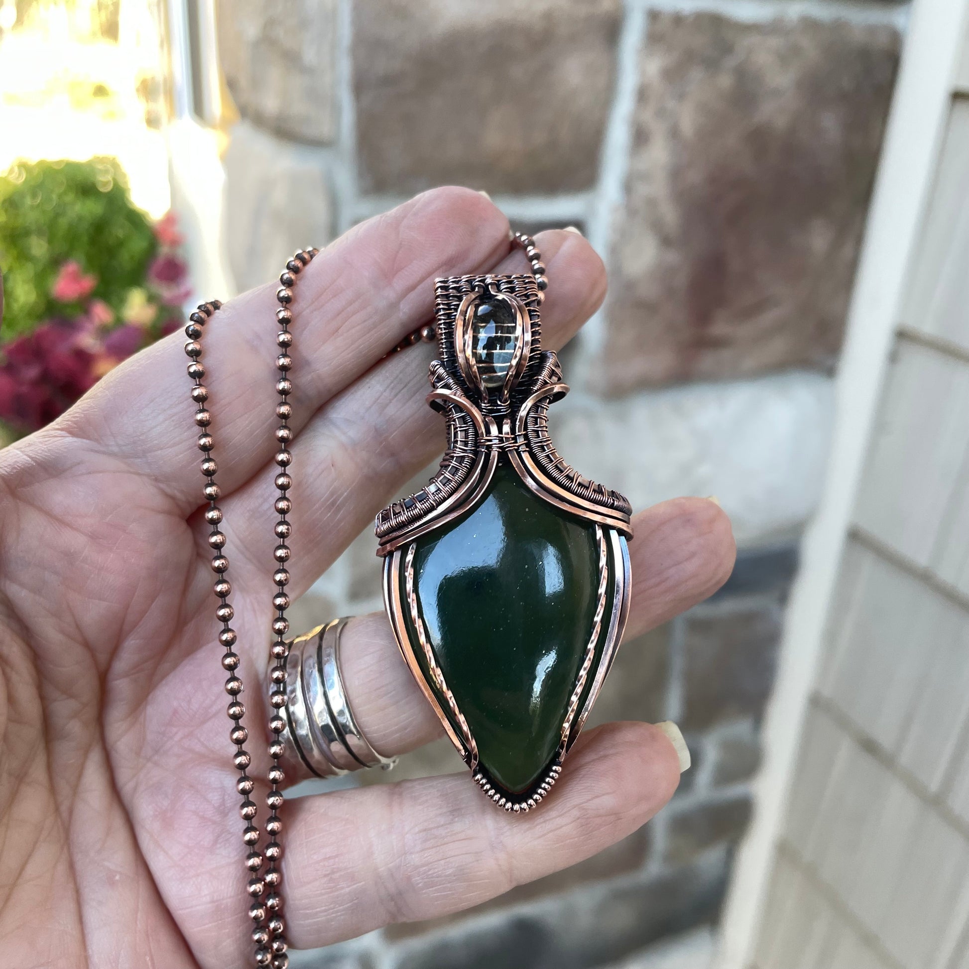 Serpentine & Prasiolite Copper Necklace with Weaving