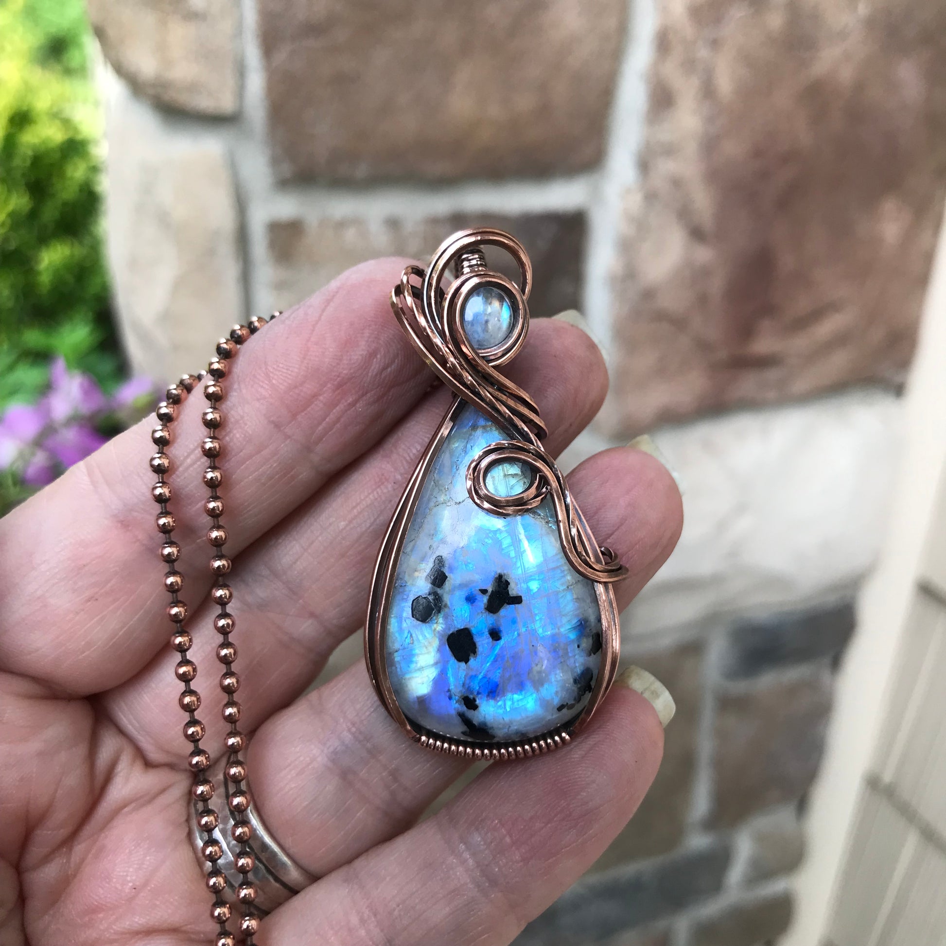 Moonstone with Black Tourmaline Copper Pendant