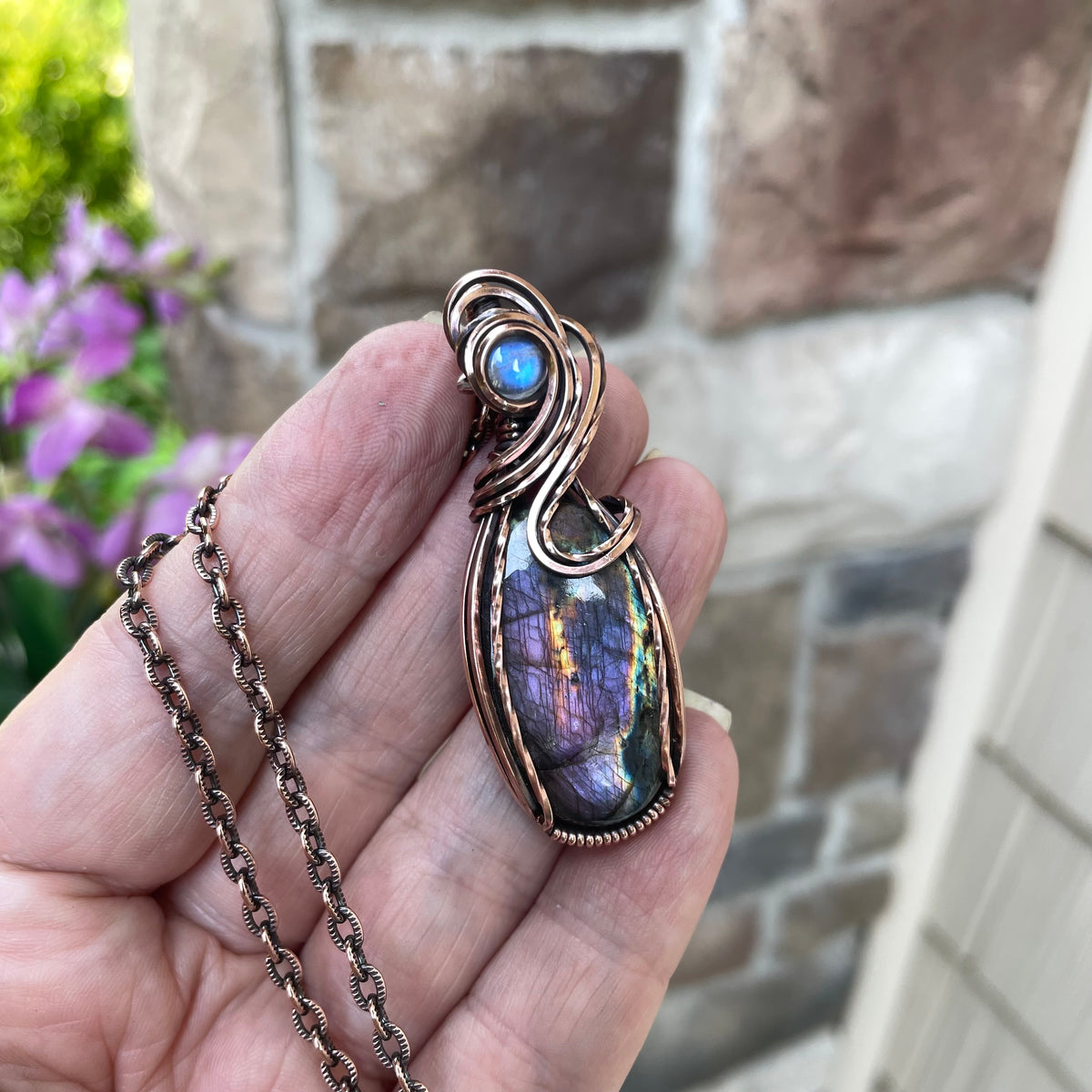 Purple Labradorite & Moonstone Oval Copper Pendant