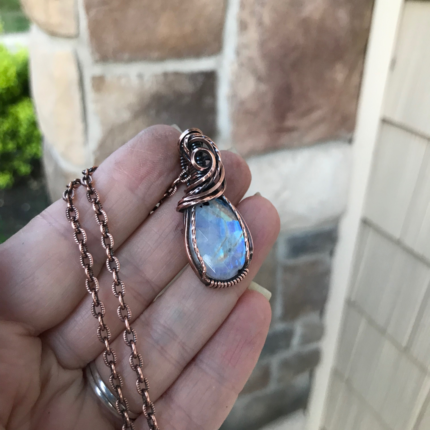 Moonstone Faceted Oval Swirly Copper Necklace