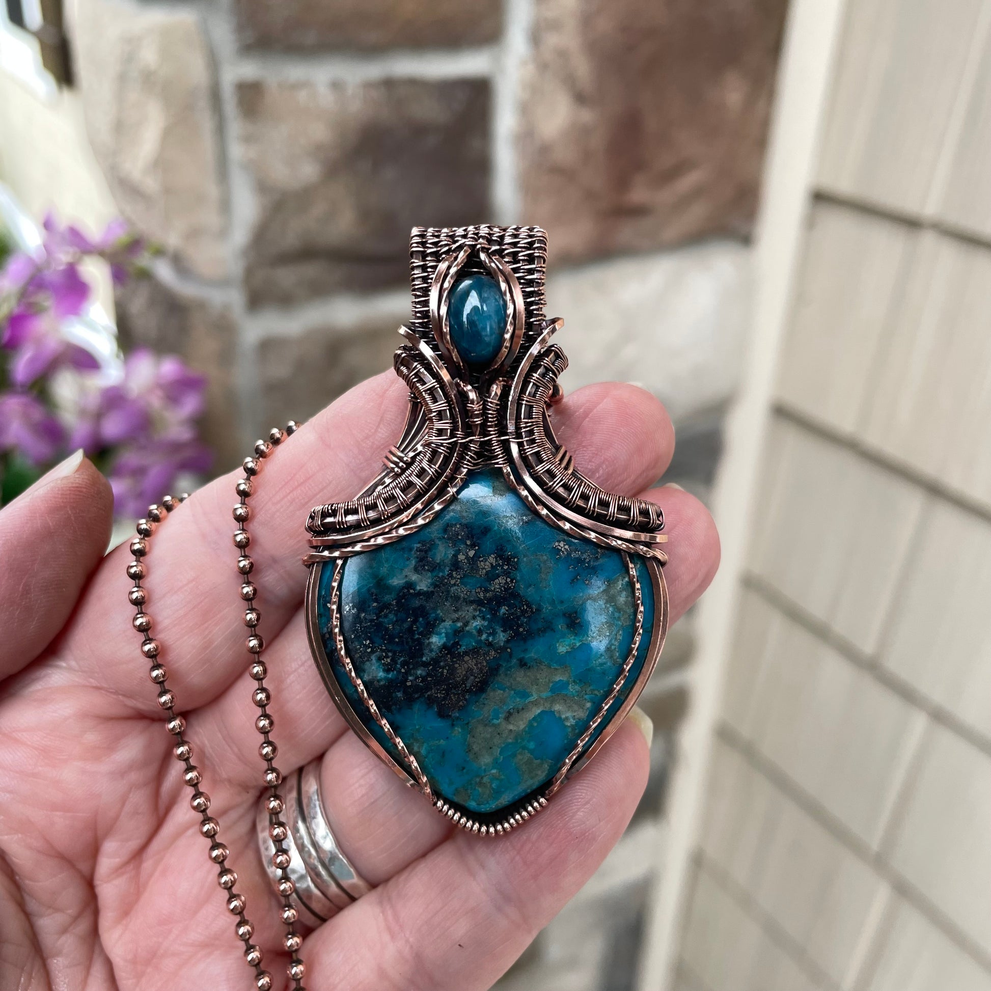 Turquoise & Apatite Copper Pendant with Weaving