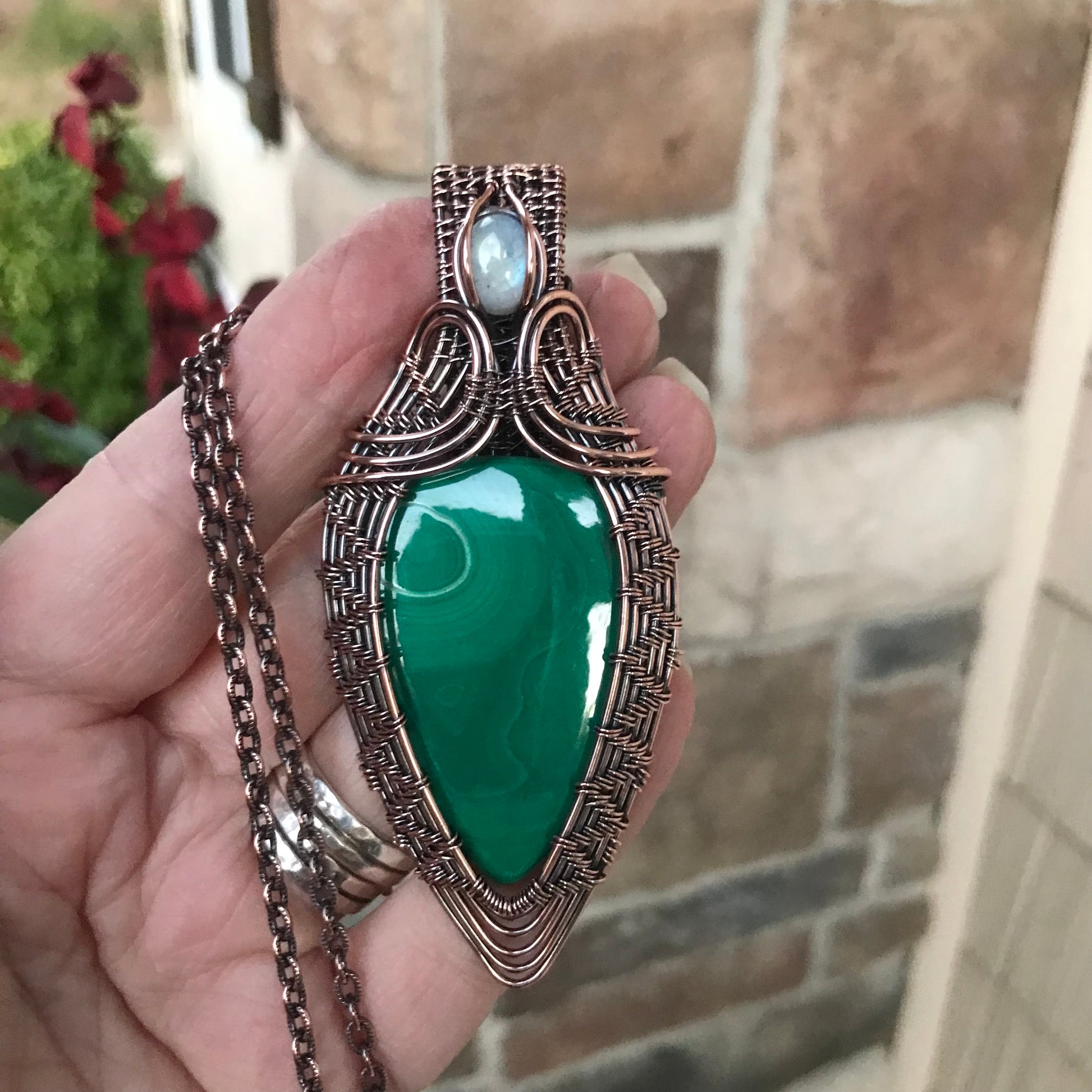 Malachite & Moonstone Woven Copper Pendant