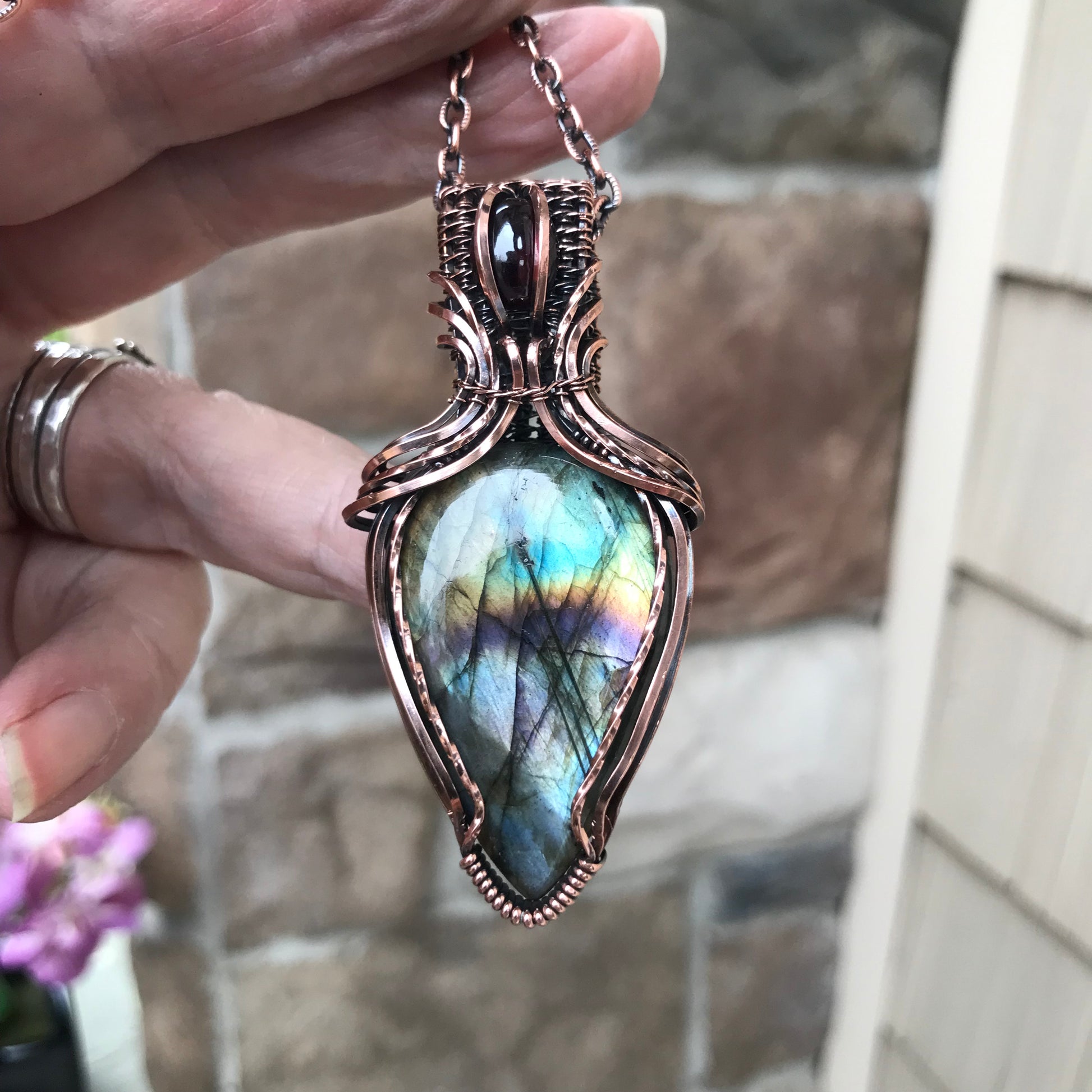 Rainbow Labradorite & Garnet Copper Necklace with Weaving