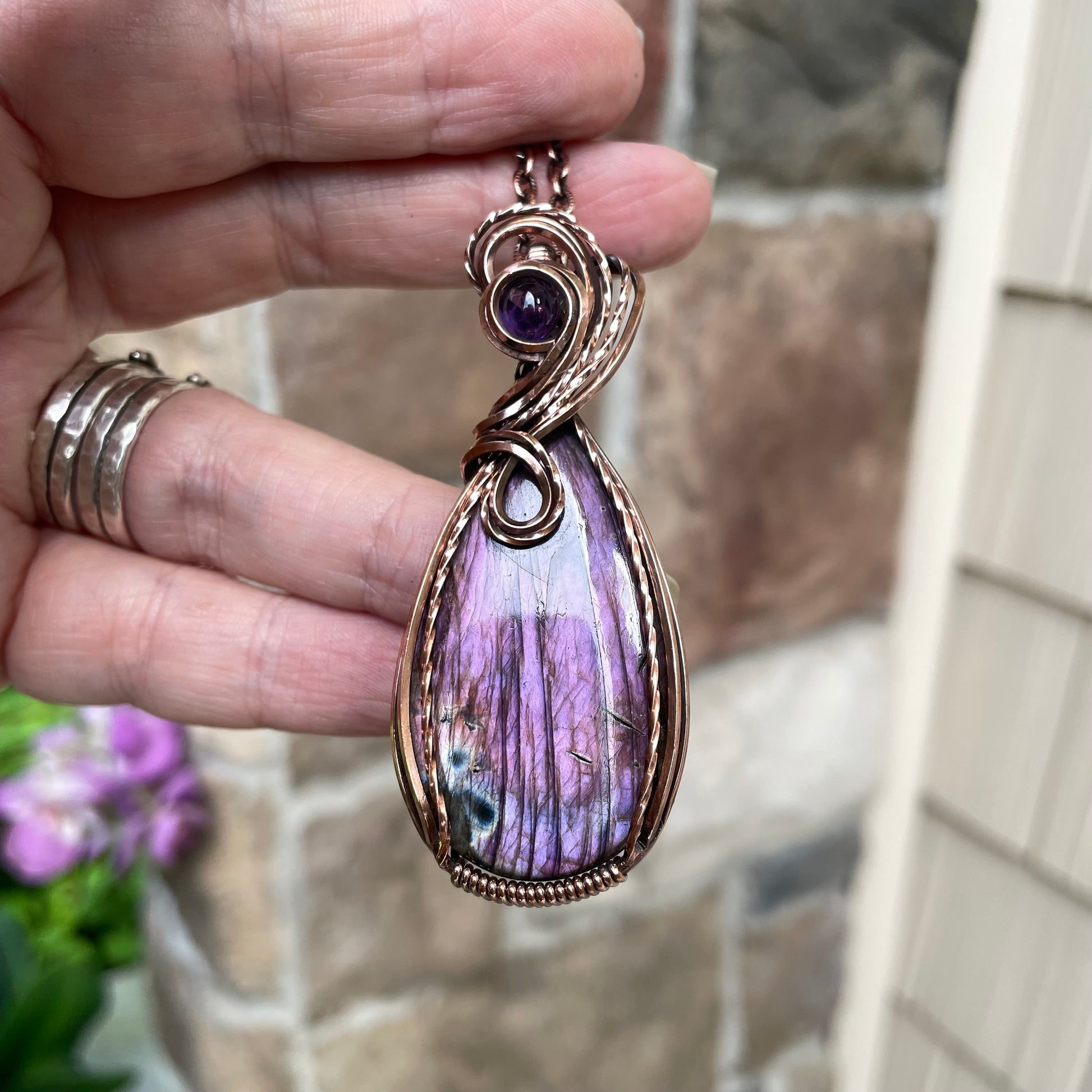 Purple Labradorite & Amethyst Copper Pendant