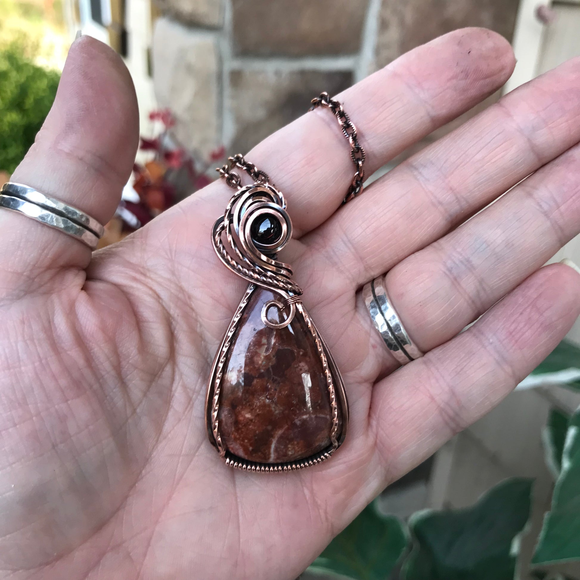 Wildeye Jasper & Garnet Pendant in Oxidized Copper