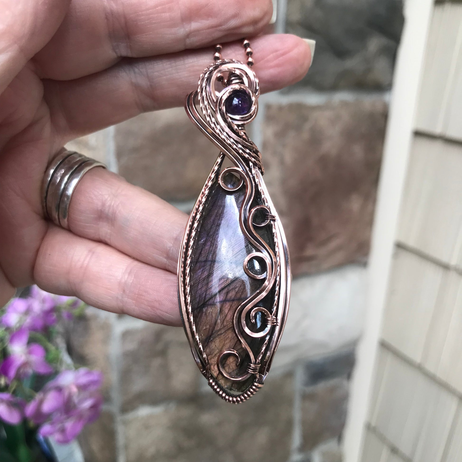 Purple Labradorite & Amethyst Swirly Copper Pendant