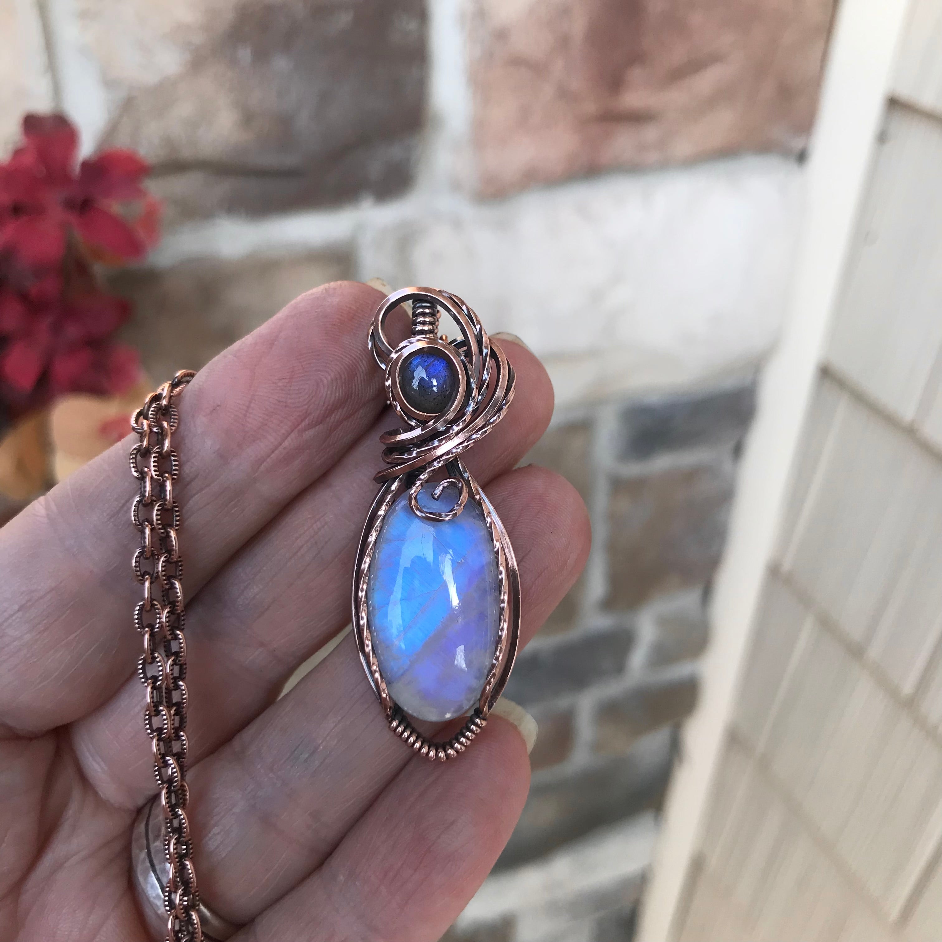 Moonstone & Blue Labradorite Copper Pendant