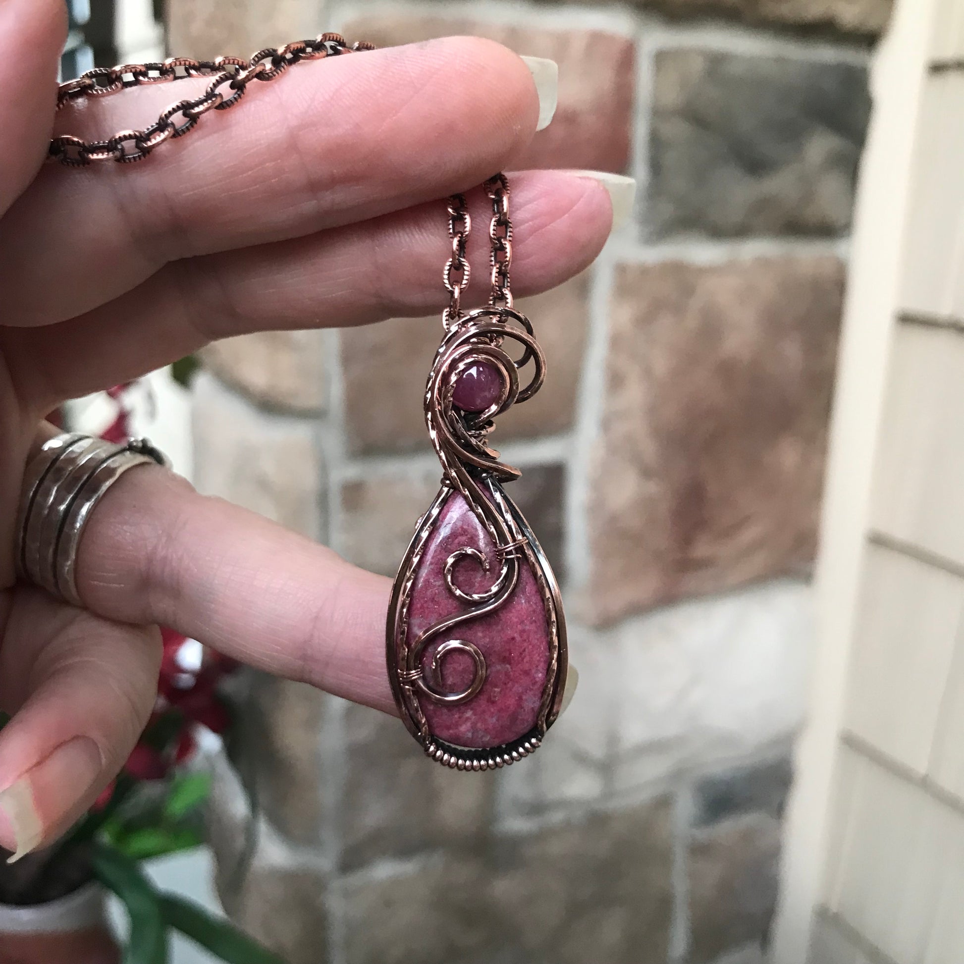 Thulite & Pink Sapphire Copper Pendant