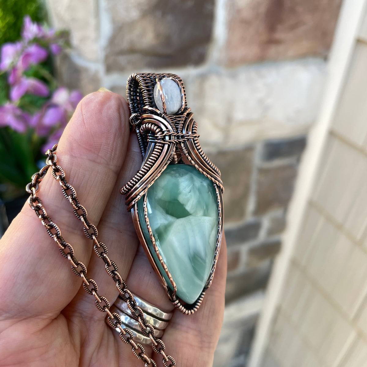 Larimar & Moonstone Copper Pendant with Weaving