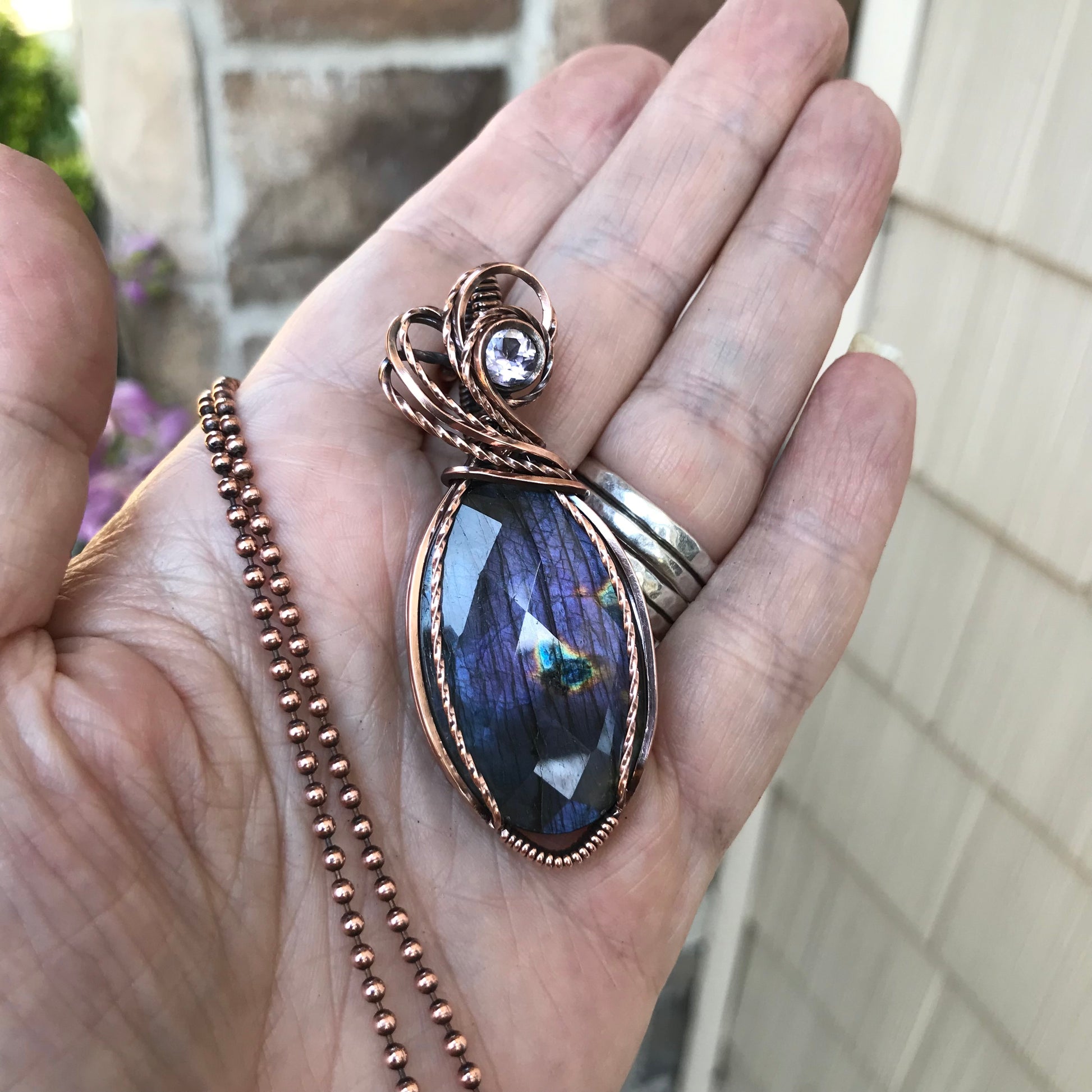 Faceted Purple Oval Labradorite & Pink Amethyst Copper Pendant