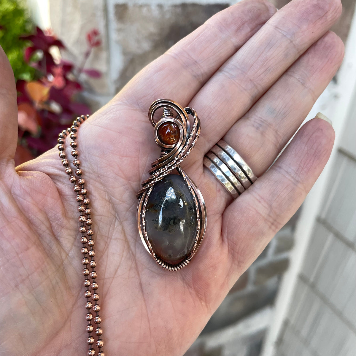 Graveyard Point Plume Agate & Sunstone Copper Necklace