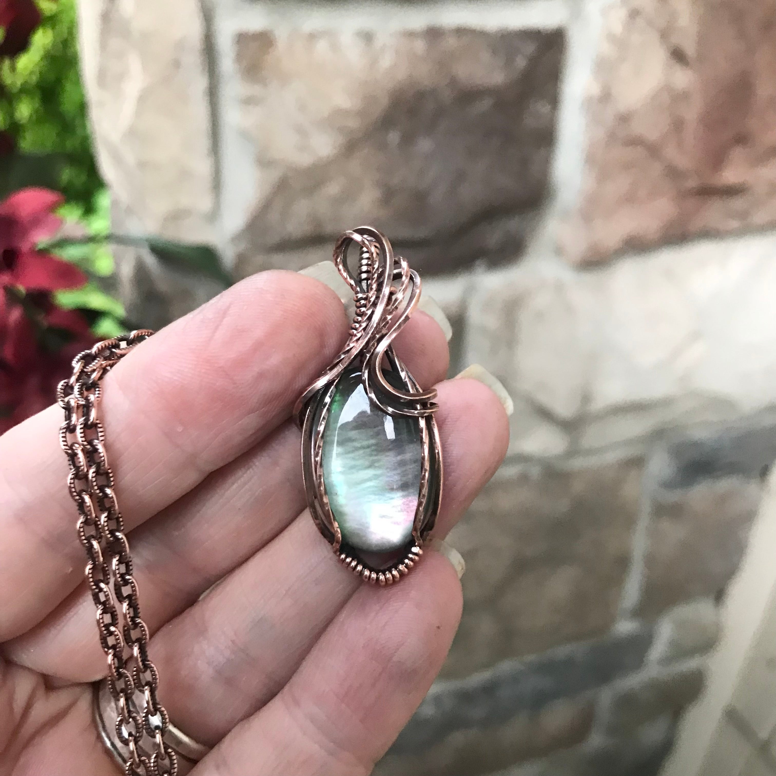 Mother of Pearl oval copper wire wrapped pendant by Moonlet Jewelry