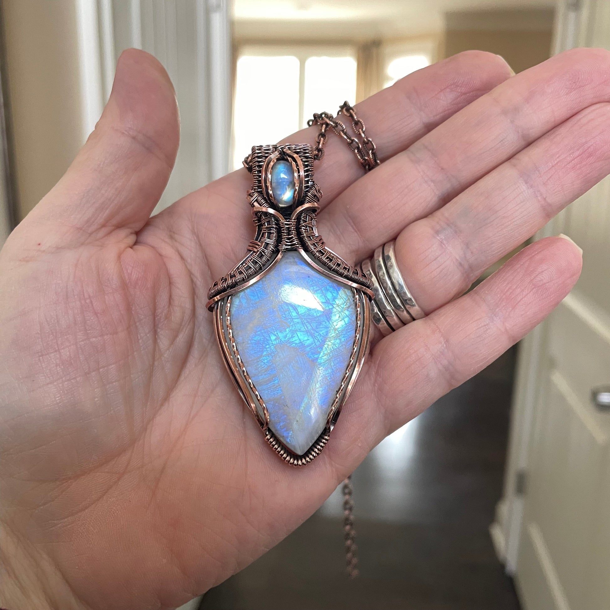 Moonstone Copper Pendant with Weaving