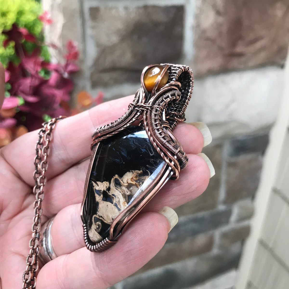 Petrified Palm Wood & Tiger Eye Copper Pendant with Weaving