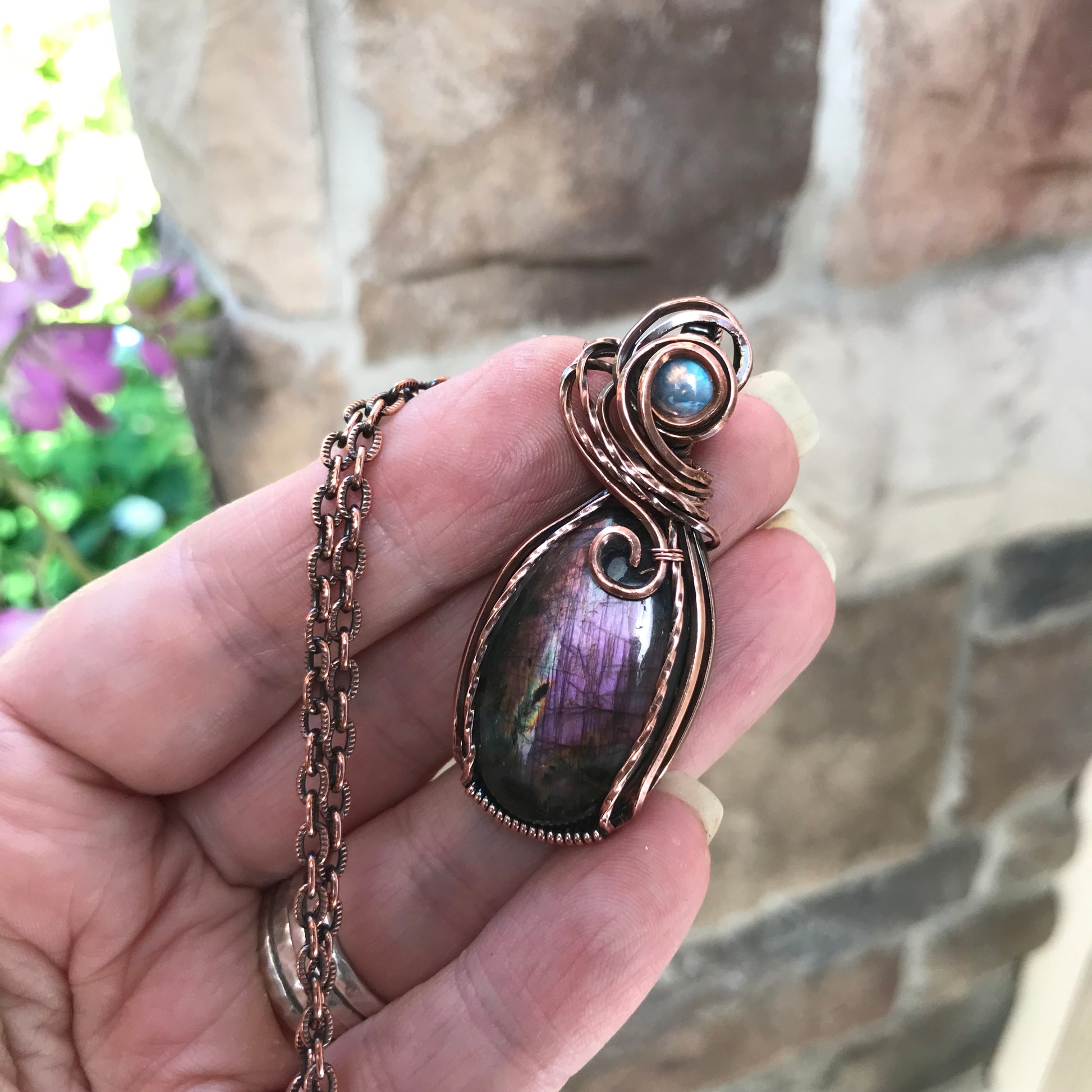 Purple Labradorite & Moonatone Copper Pendant