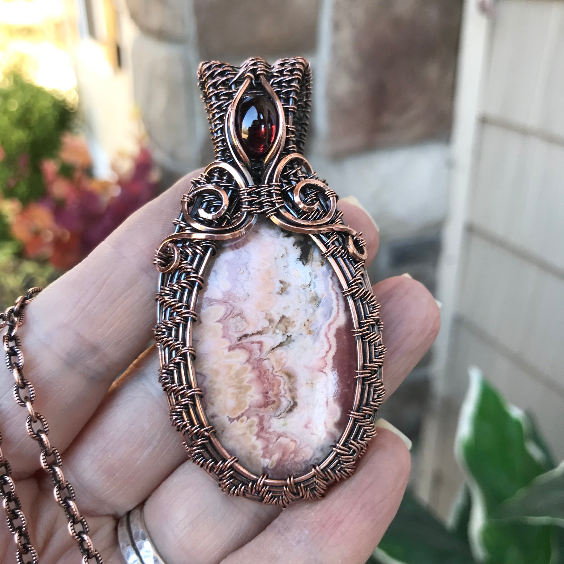 Rhodochrosite & Garnet Copper Woven Necklace