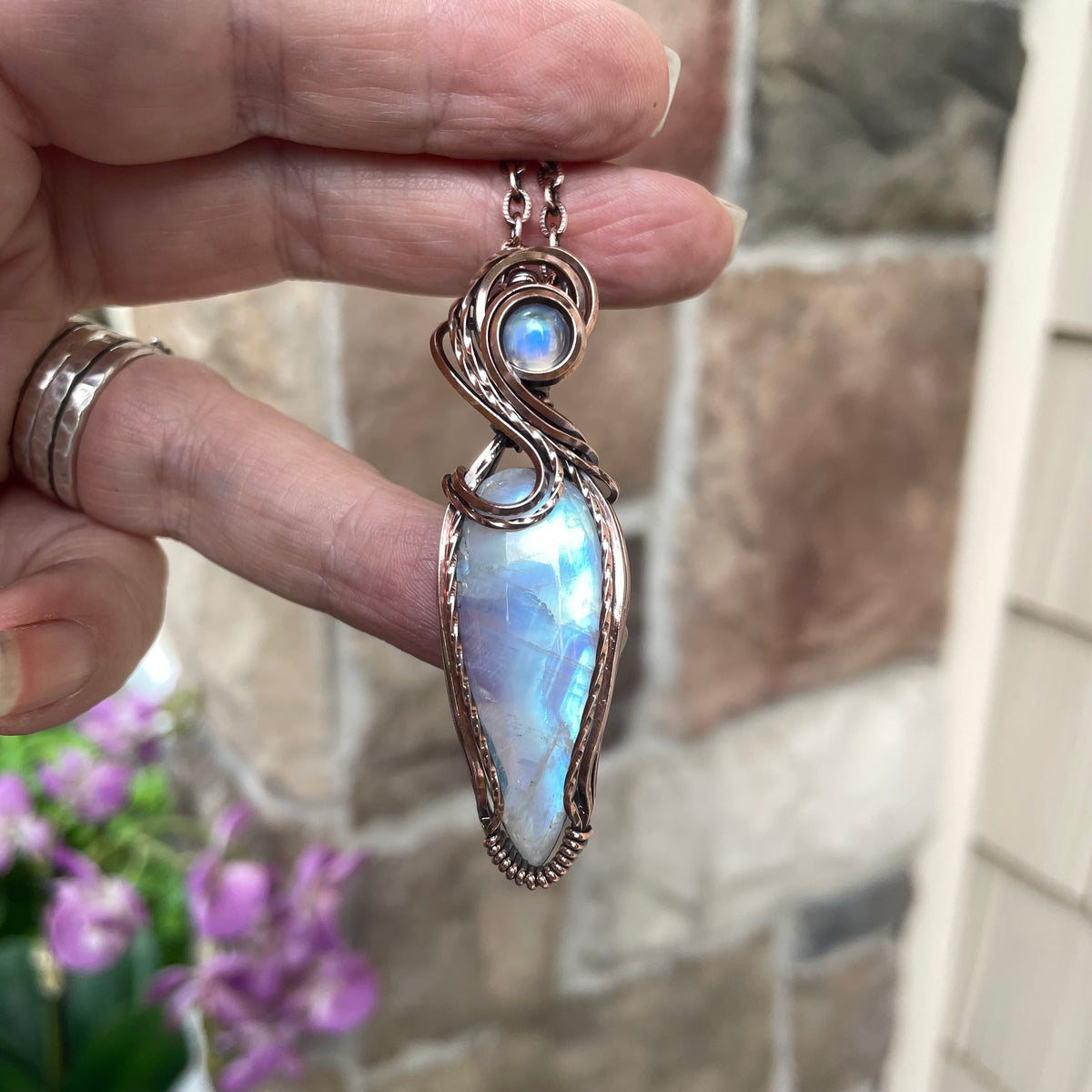 Moonstone Slender Swirly Copper Pendant