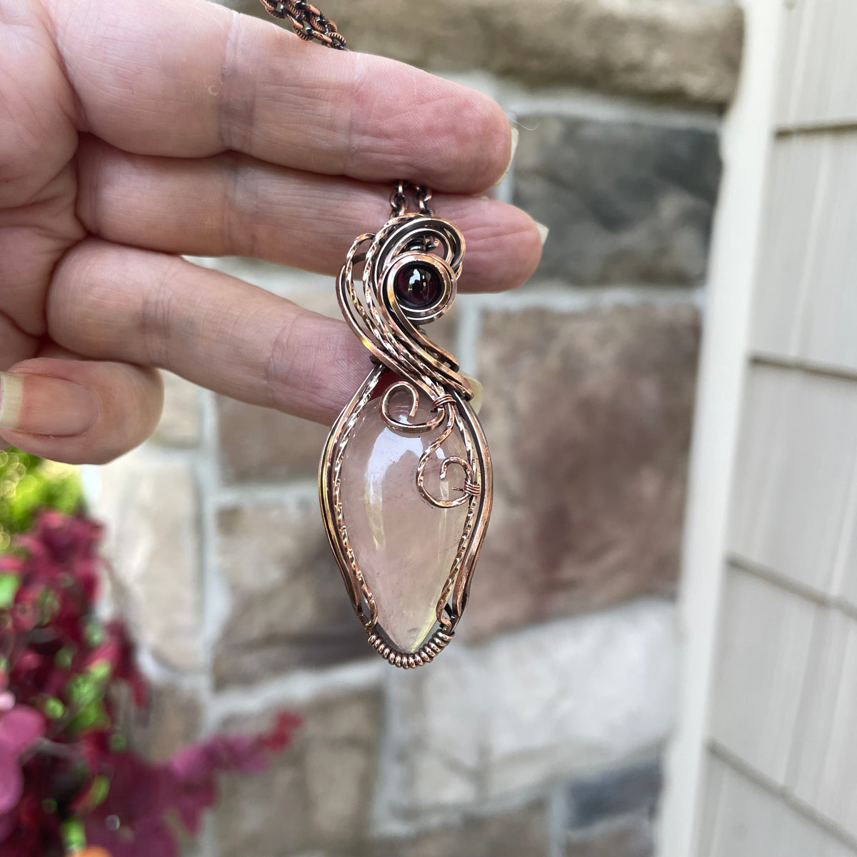 Rose Quartz & Garnet Swirly Copper Necklace
