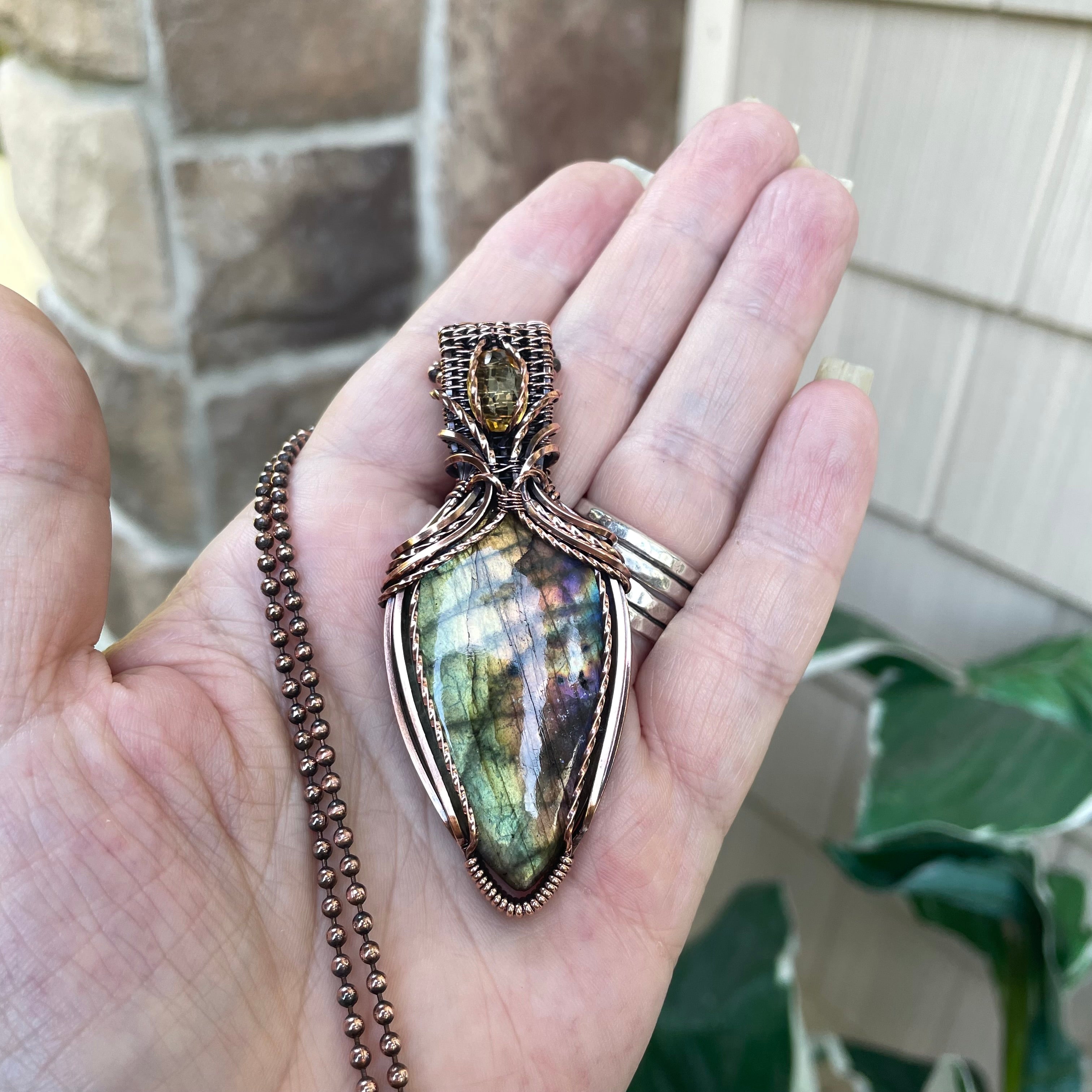 Green Yellow Orange Labradorite & Citrine Copper Necklace with Woven Bail