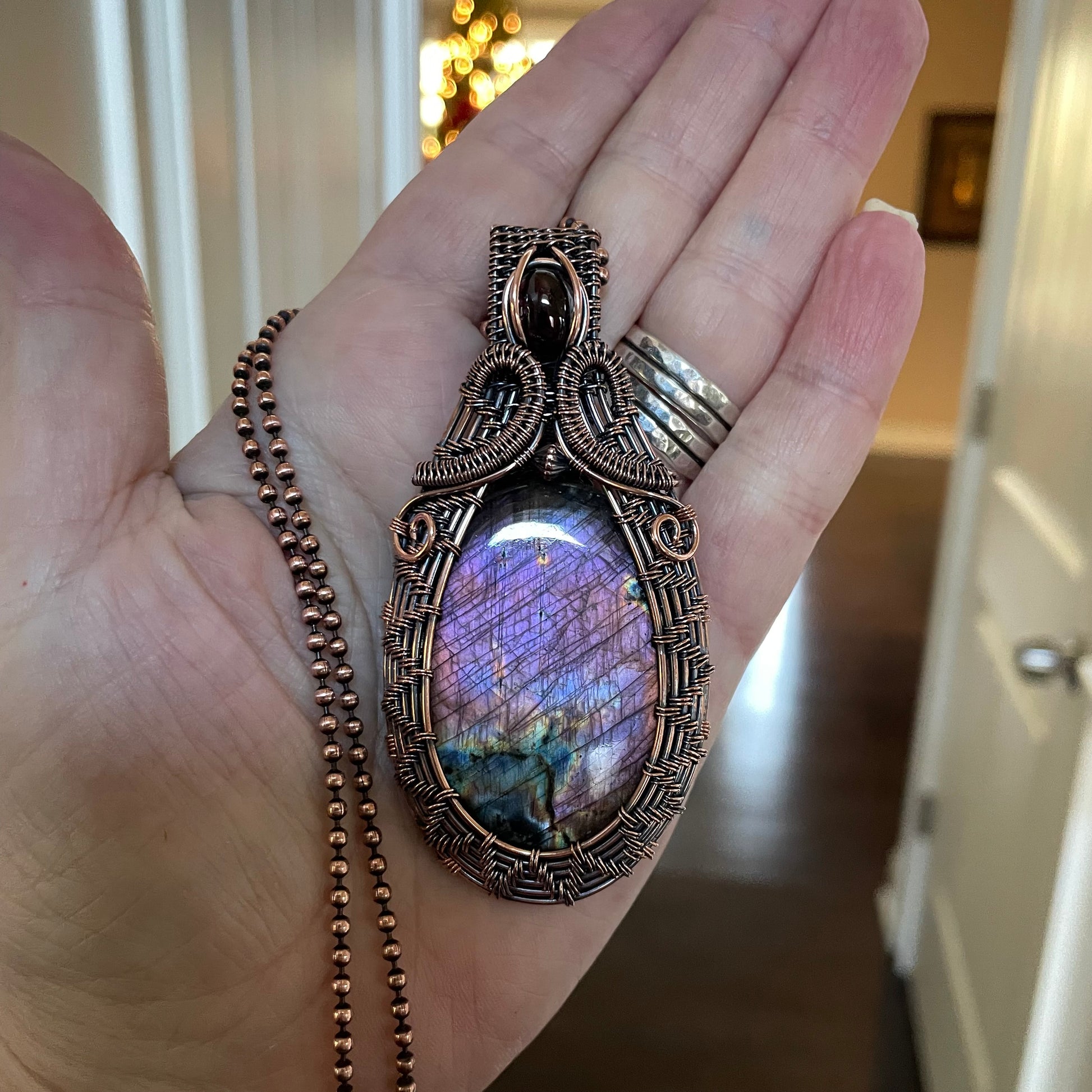 Purple Pink Labradorite with Garnet Woven Copper Pendant