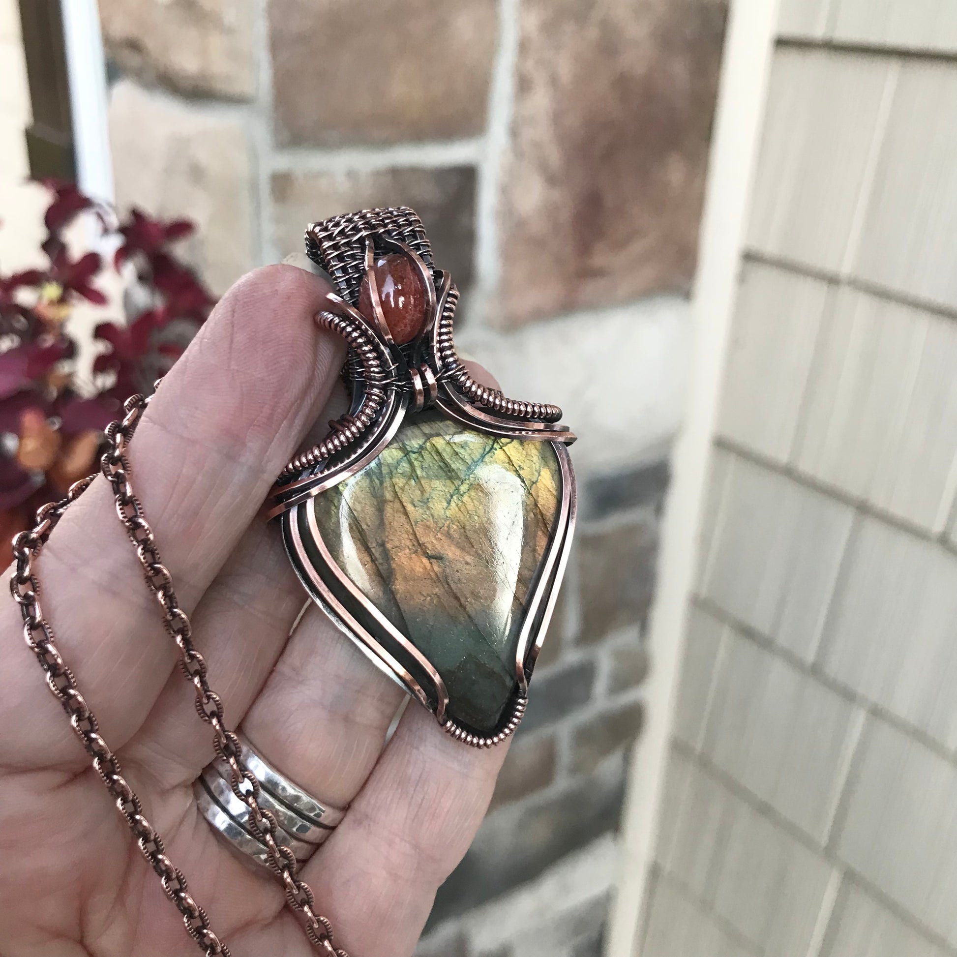 Amber Yellow Labradorite & Citrine Copper Pendant