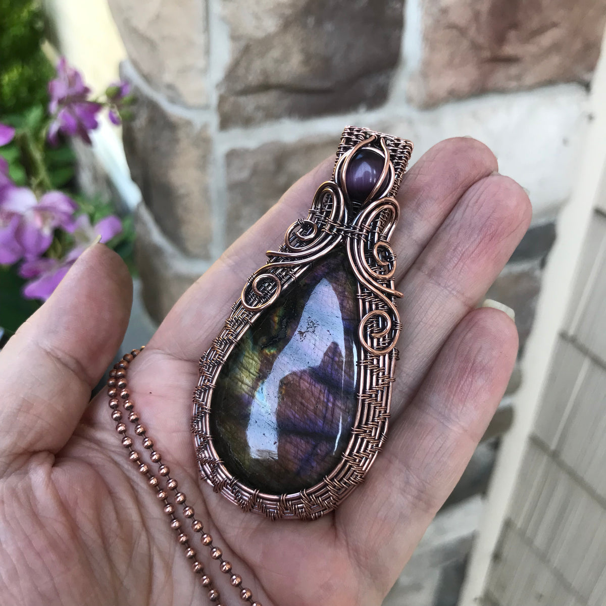 Maroon Purple Labradorite & Pink Cat's Eye Copper Woven Necklace