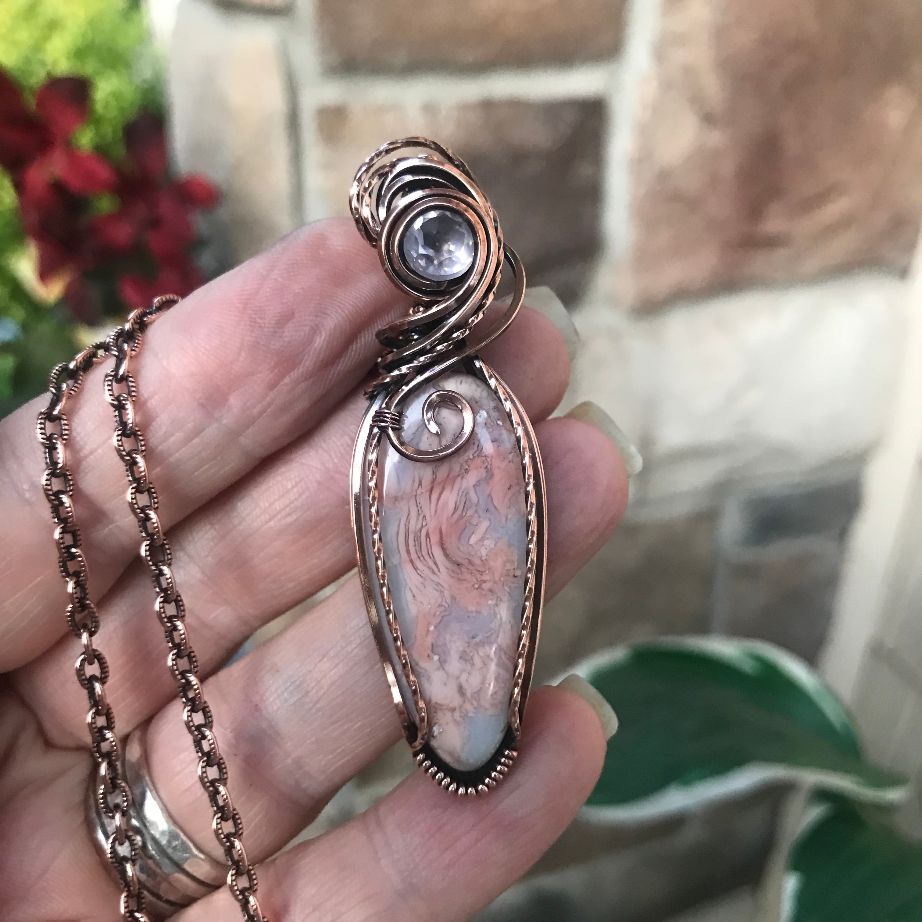Cotton Candy Agate & Faceted Rose Quartz Copper Pendant