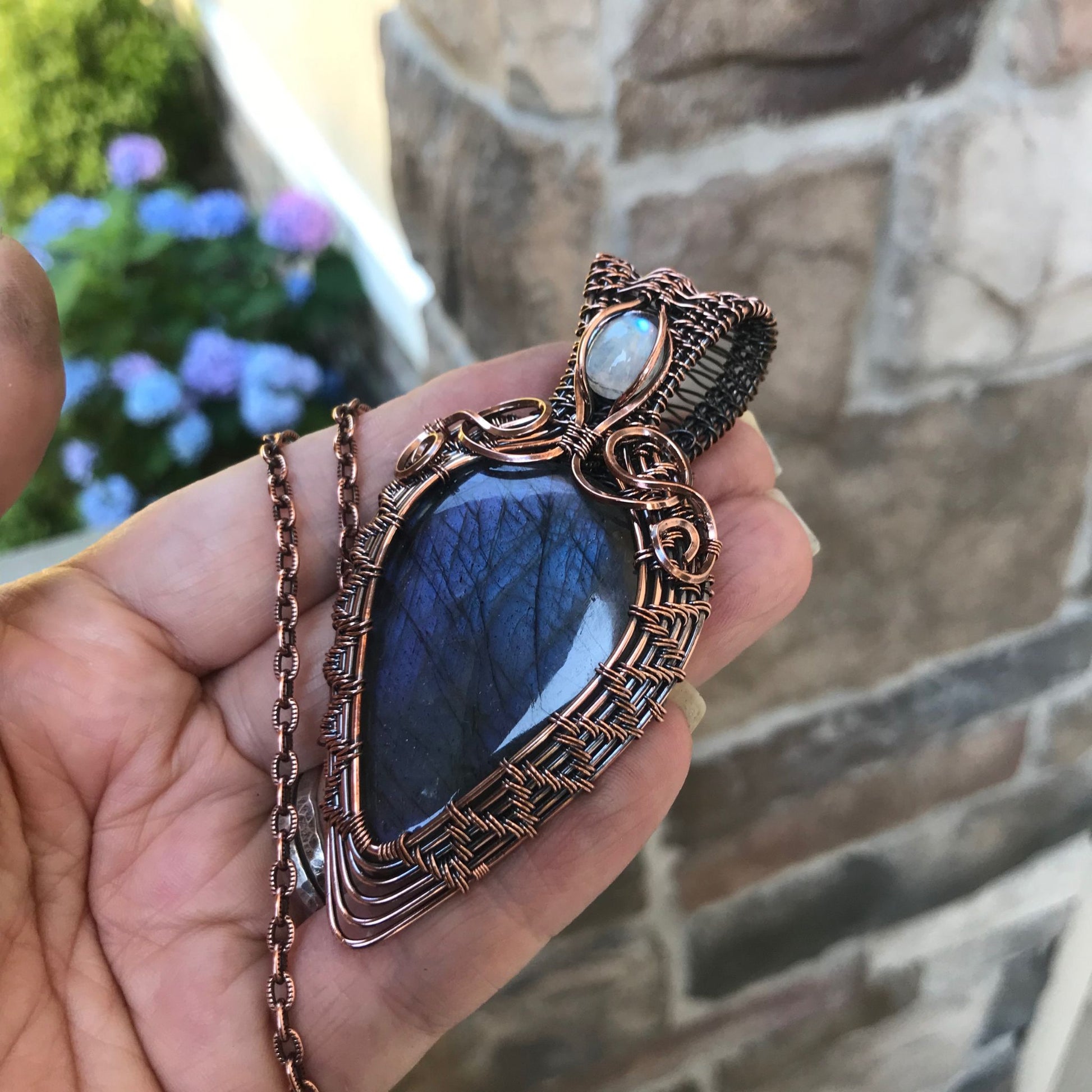 Blue Purple Labradorite & Moonstone Woven Copper Pendant