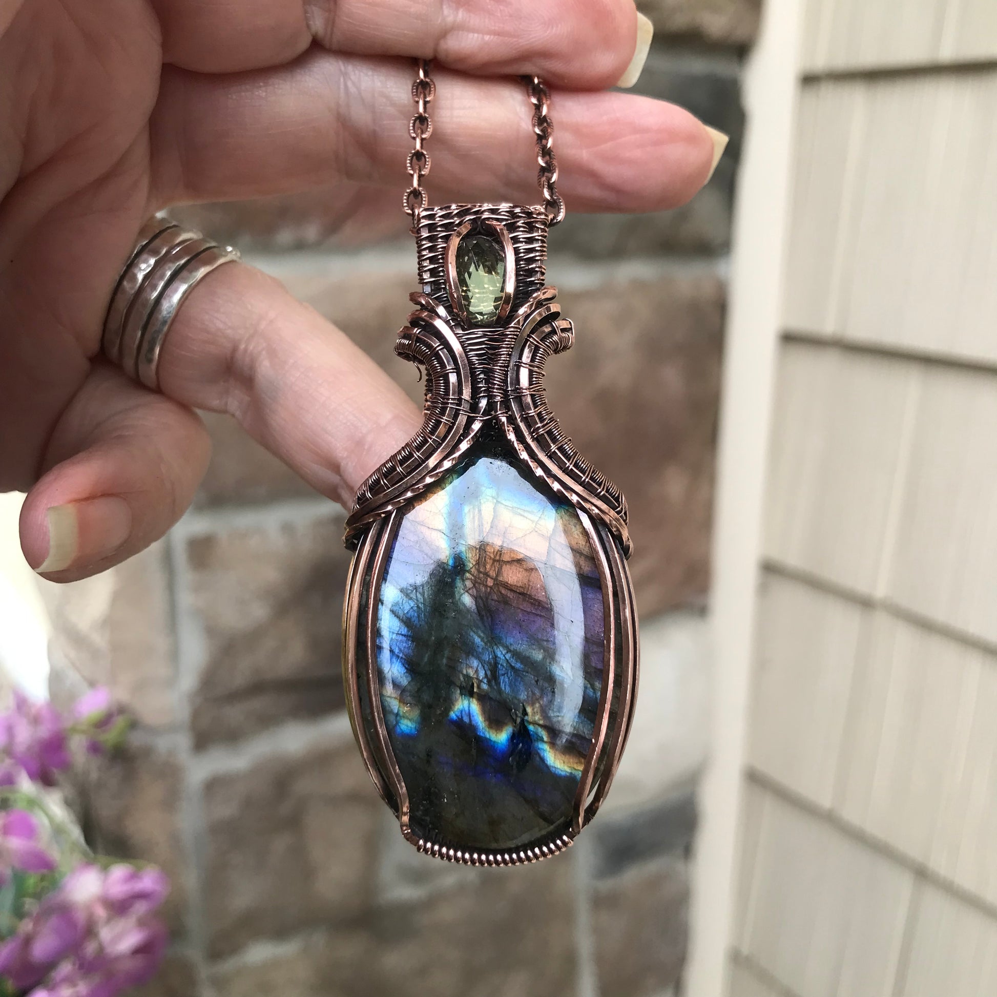 Rainbow Labradorite & Lemon Quartz Copper Pendant with Woven Bail
