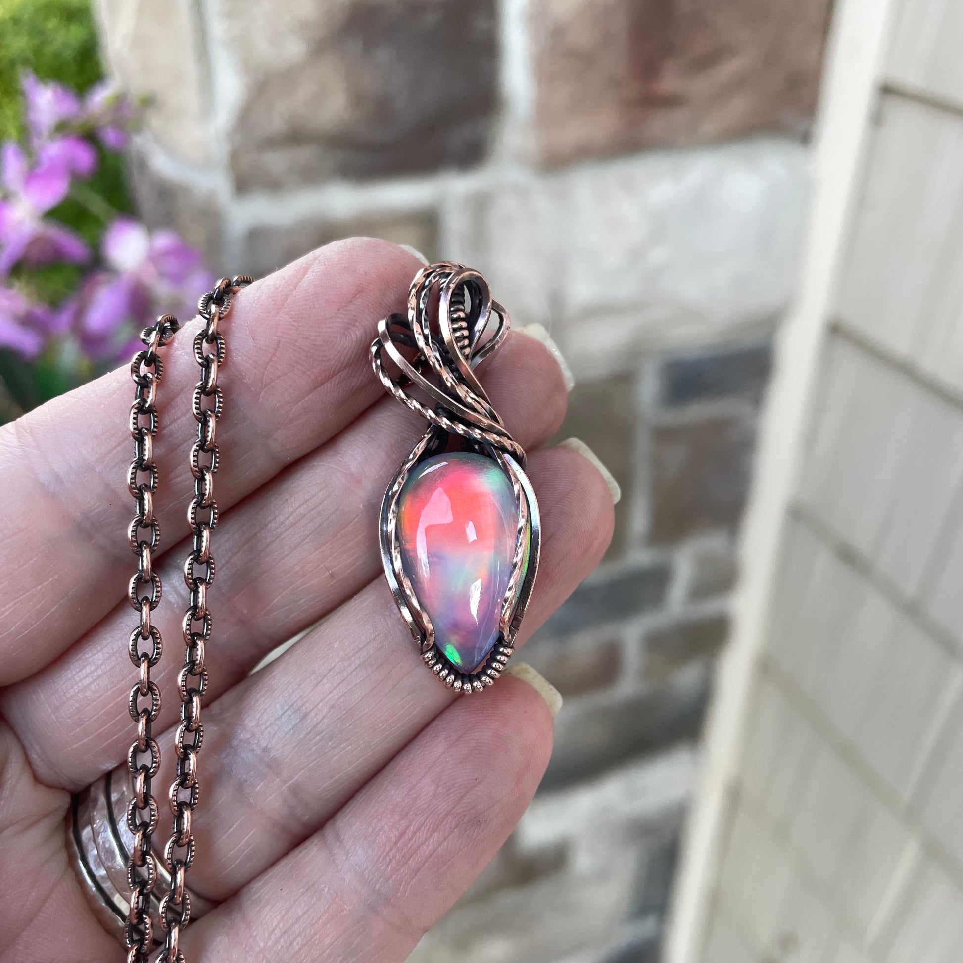Aurora Opal Teardrop Copper Necklace