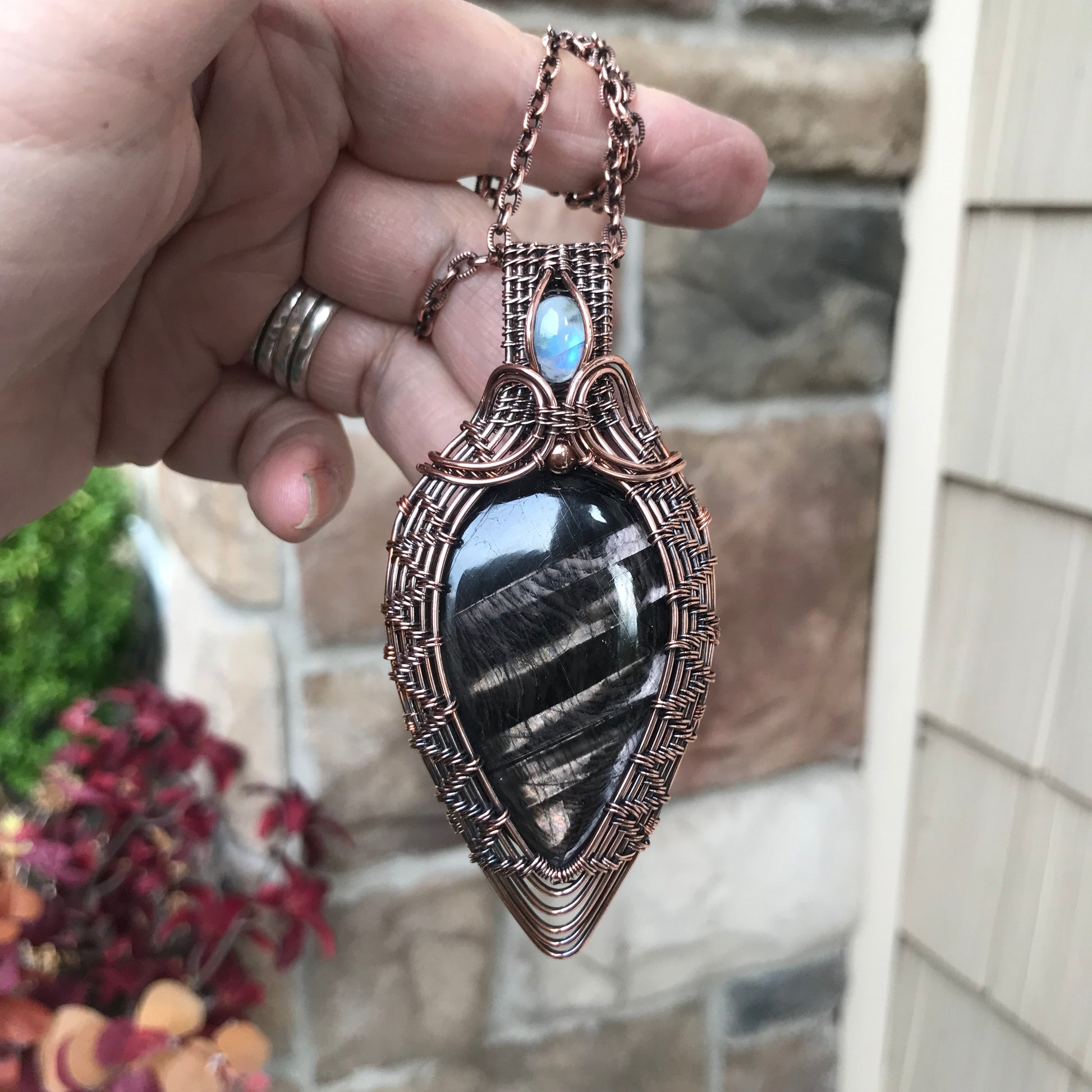 Hypersthene & Moonstone Woven Pendant
