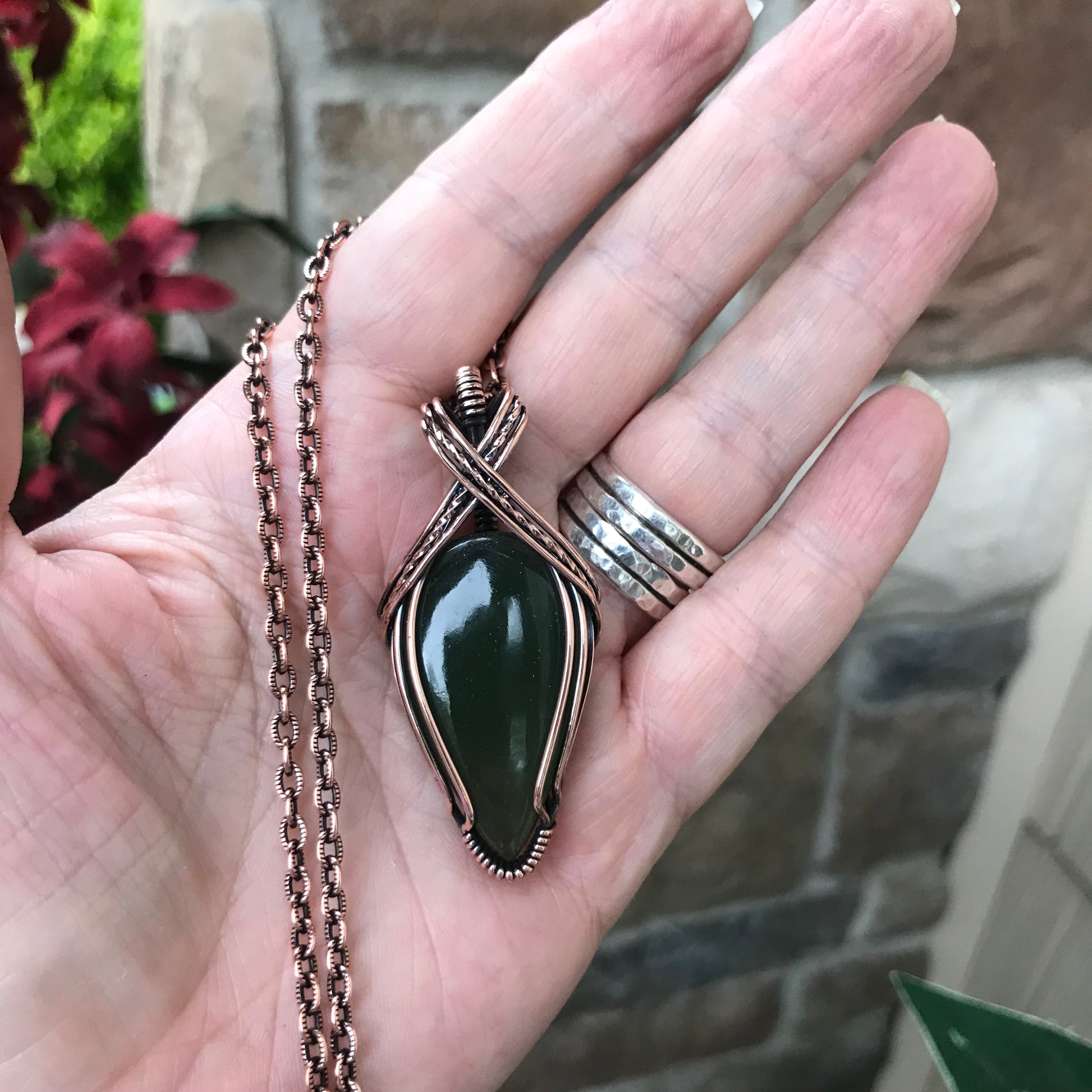 Green Serpentine Teardrop  Copper Pendant