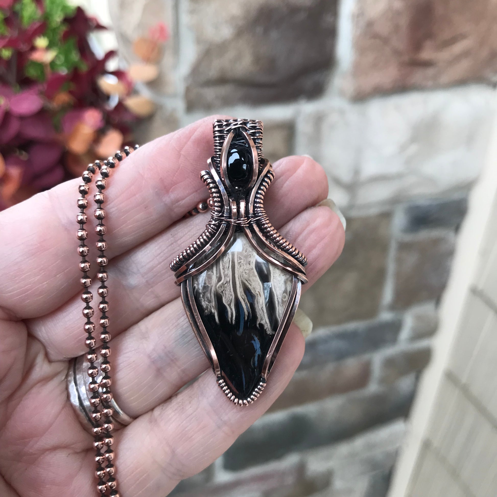 Petrified Palm Wood & Onyx Copper Necklace with Weaving