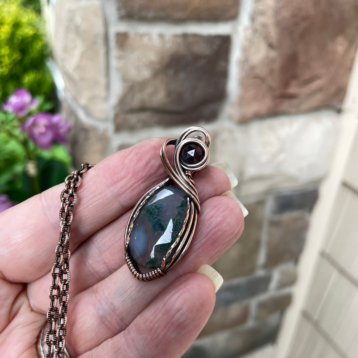 Moss Agate & Garnet Copper Necklace