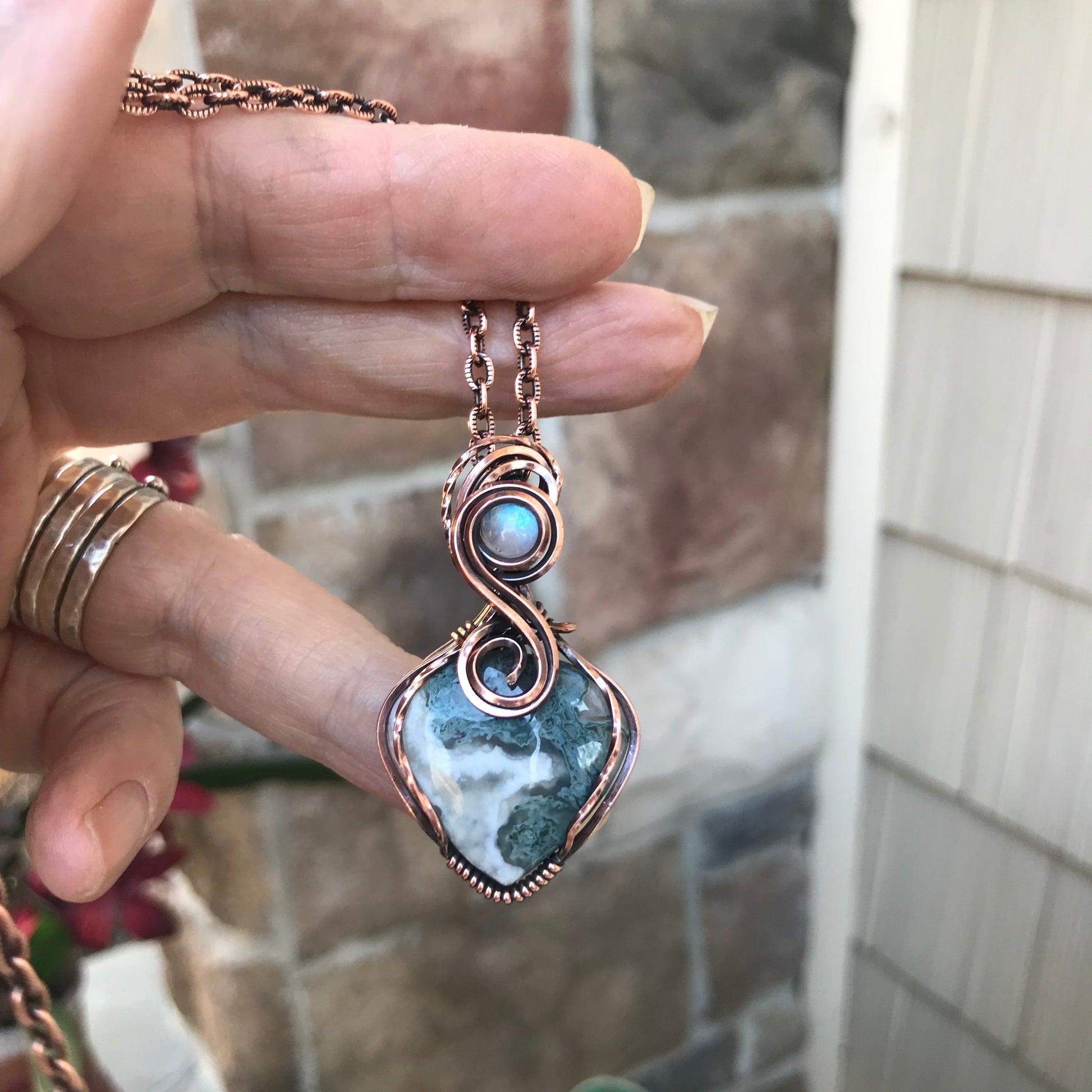 Teal Moss Agate Small Copper Pendant