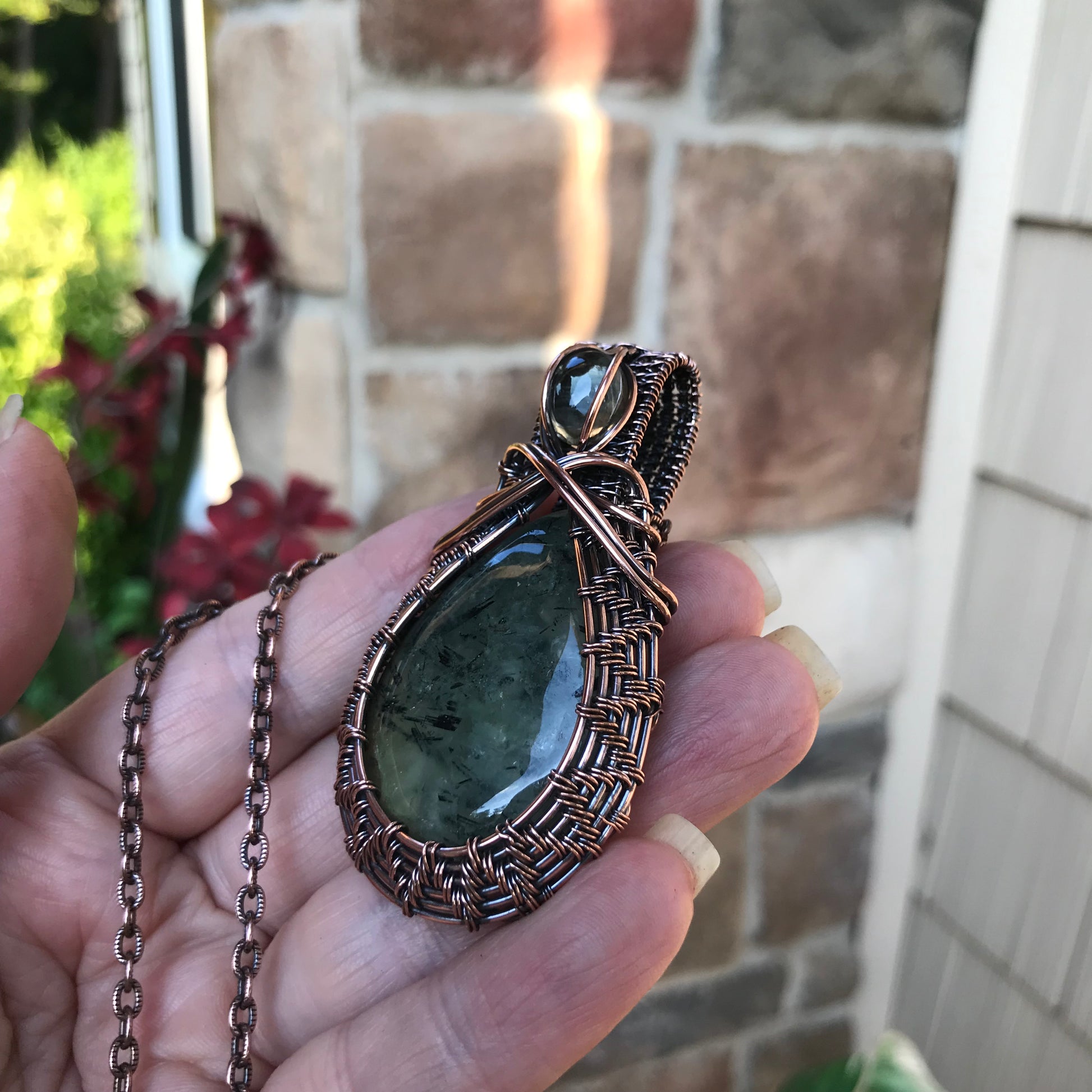 Prehnite & Prasiolite Woven Copper Pendant