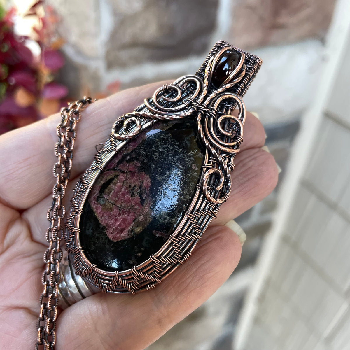 Dark Ruby Zoisite & Garnet Woven Copper Pendant