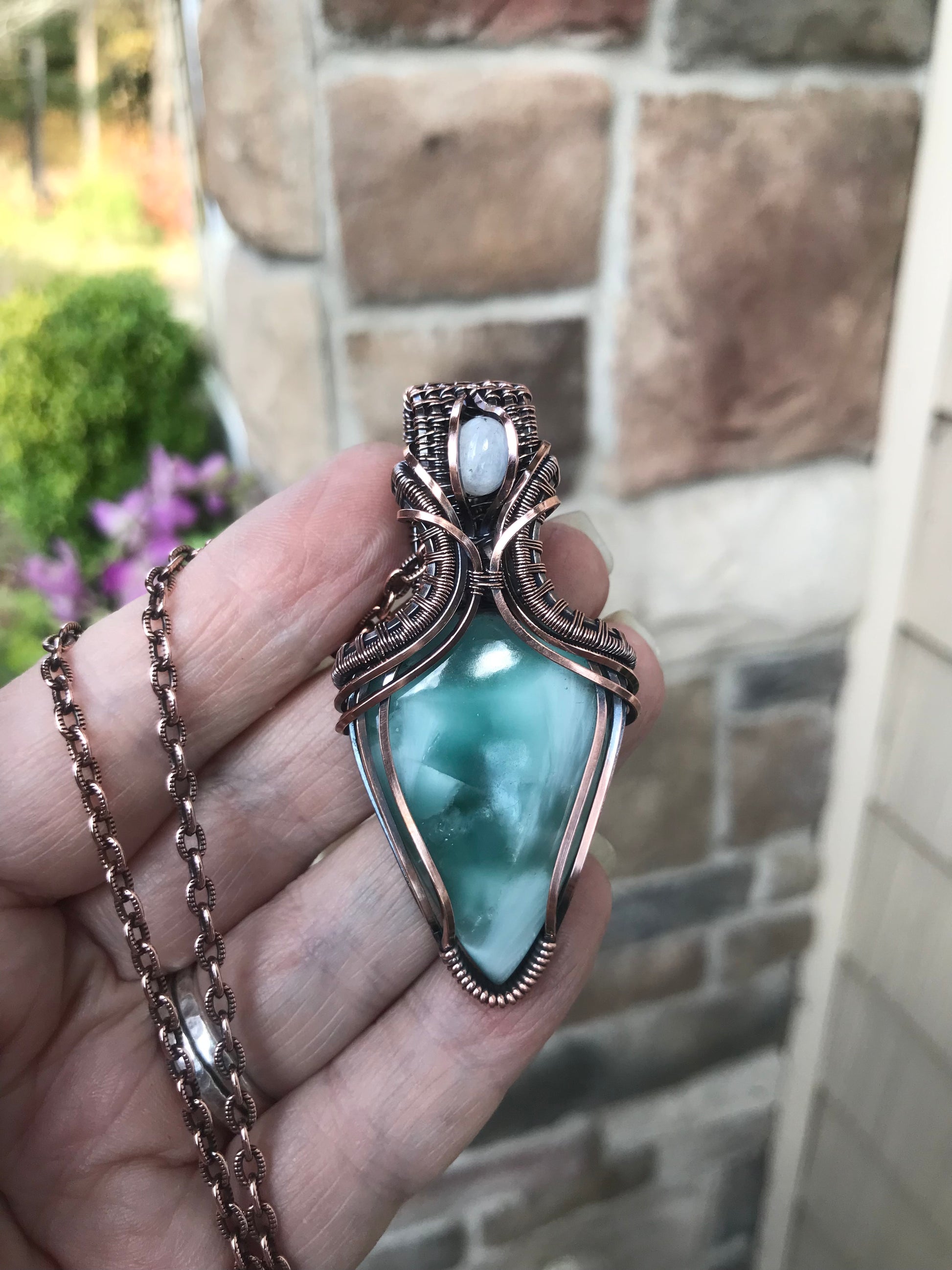 RESERVED FOR K - Hemimorphite & Moonstone Copper Pendant with Weaving