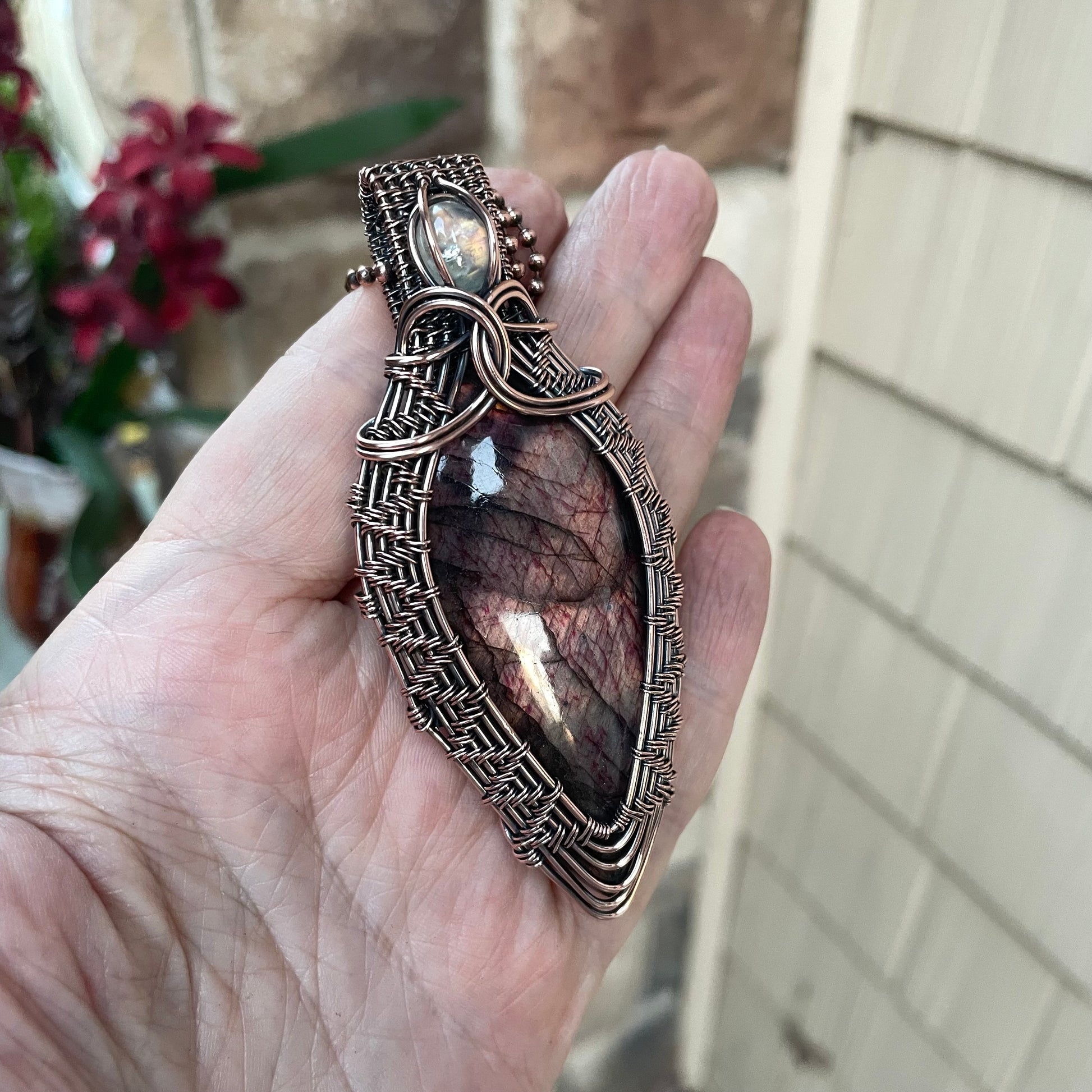 Maroon Gold Labradorite with Moonstone Woven Copper Pendant