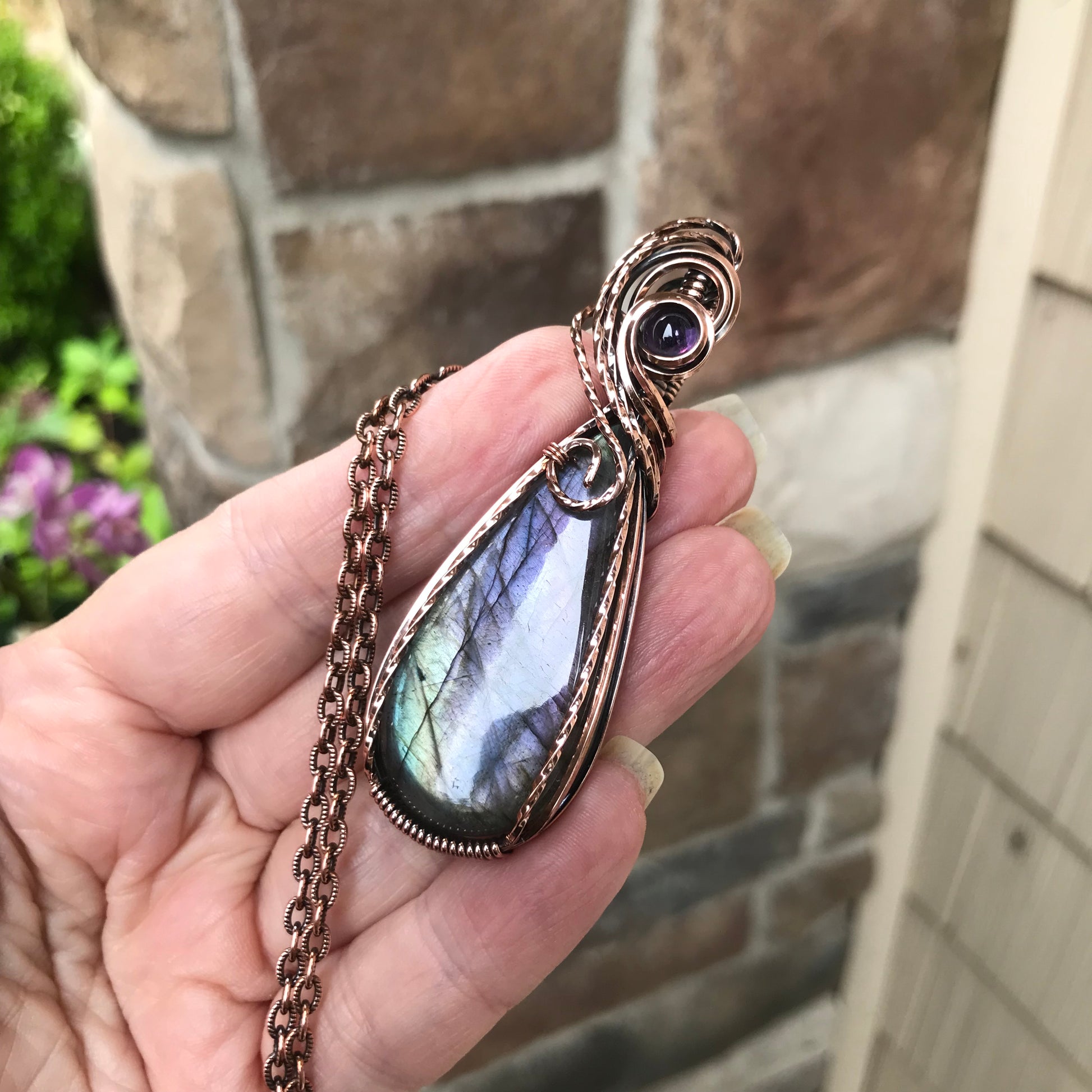 Purple Green Slender Labradorite & Amethyst Copper Pendant