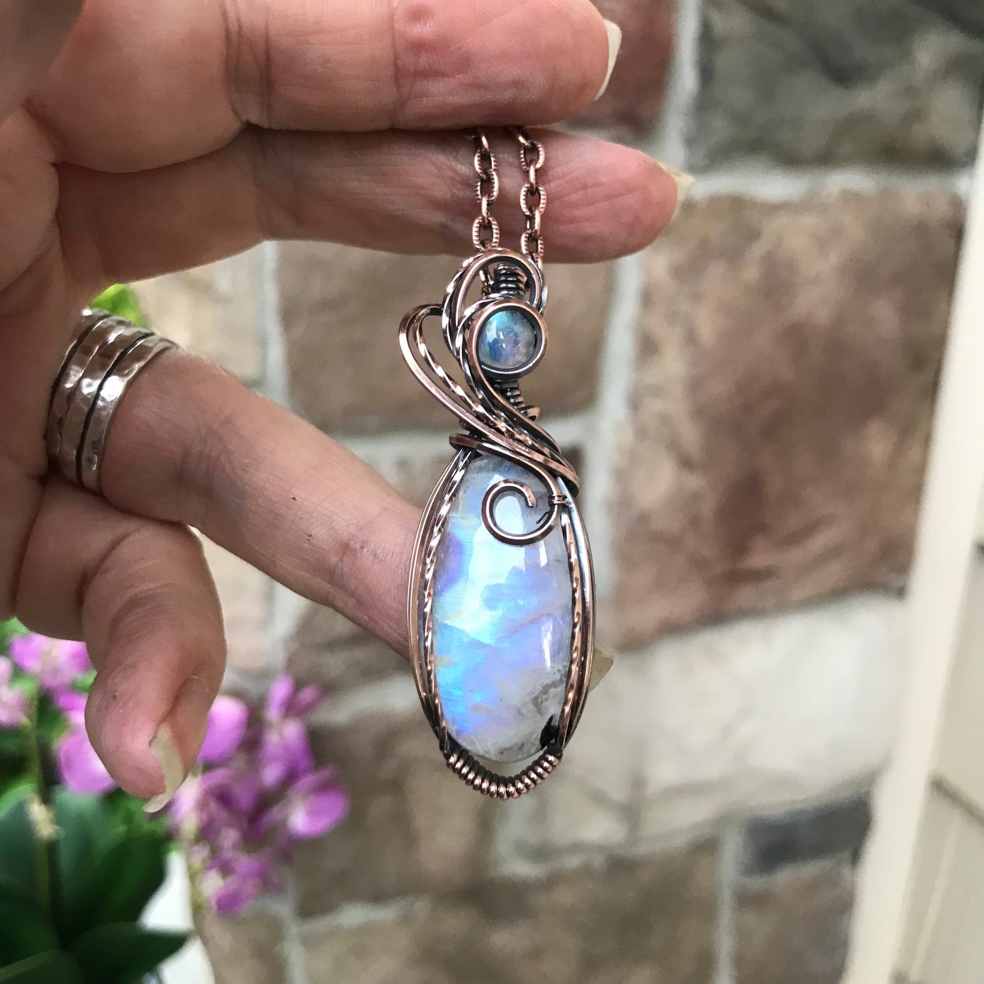 Moonstone with Tourmaline Swirly Copper Pendant