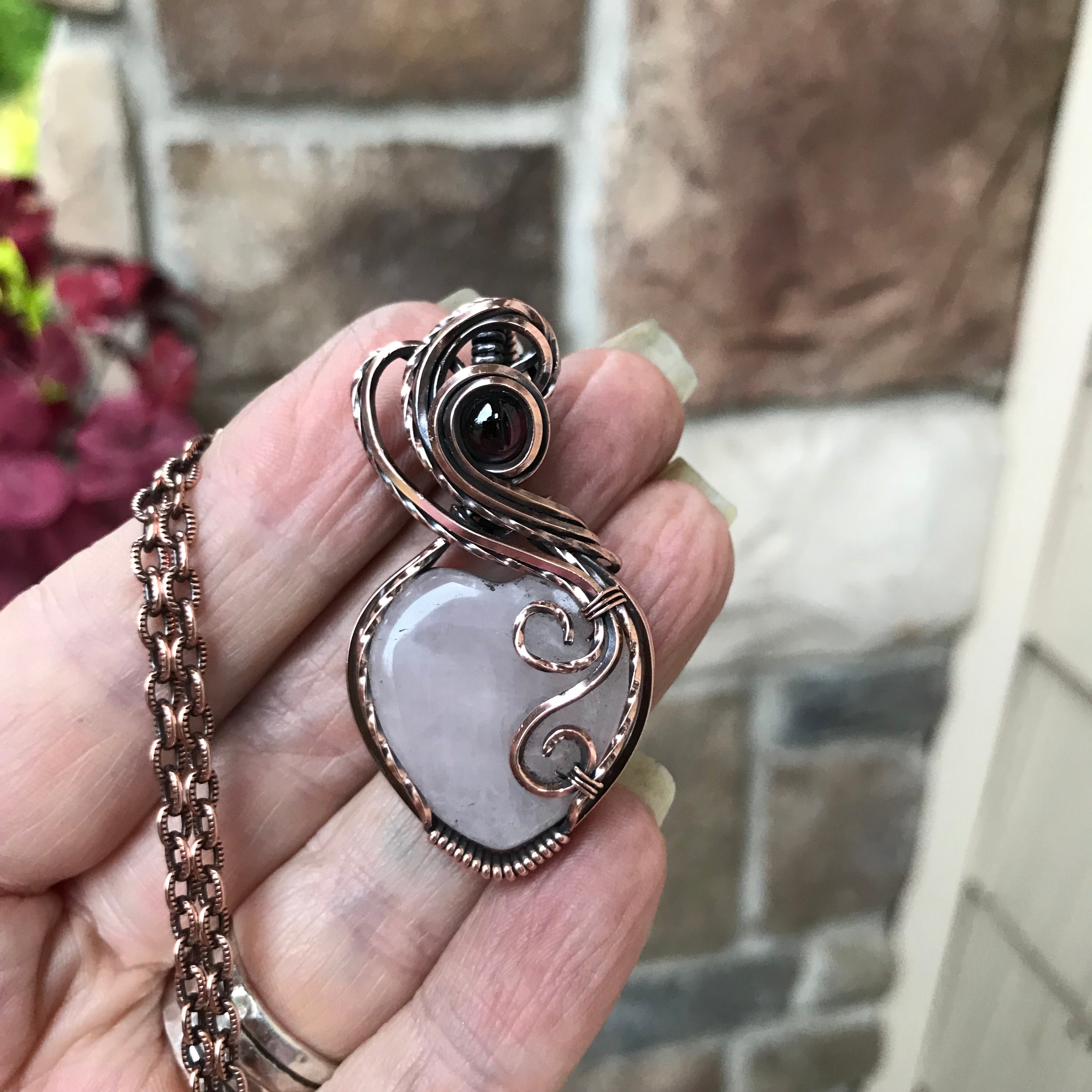 Rose Quartz & Garnet Copper Heart Necklace