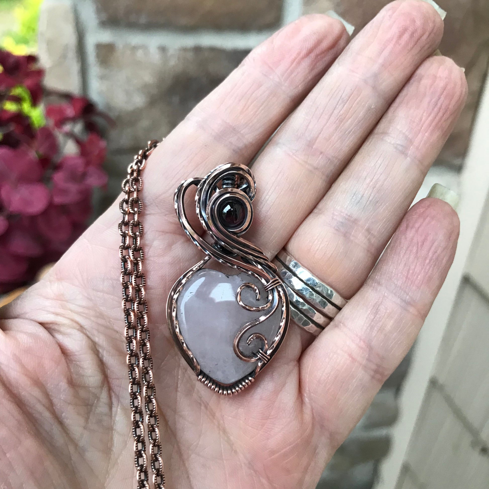 Rose Quartz & Garnet Copper Heart Necklace