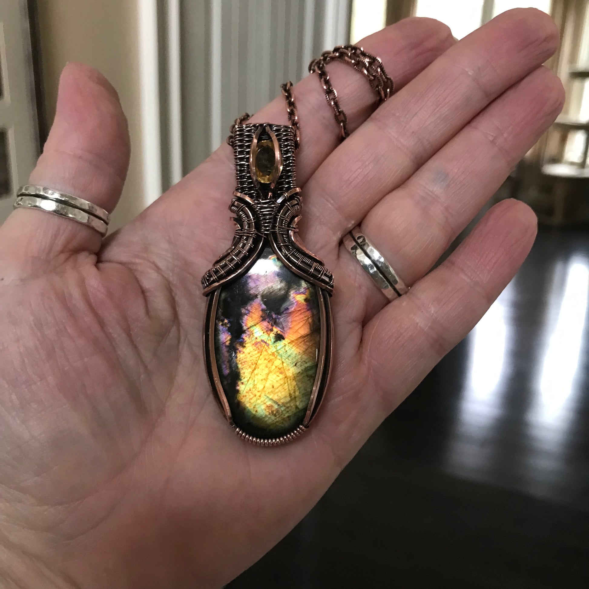 Yellow Orange Black Labradorite & Citrine Copper Pendant