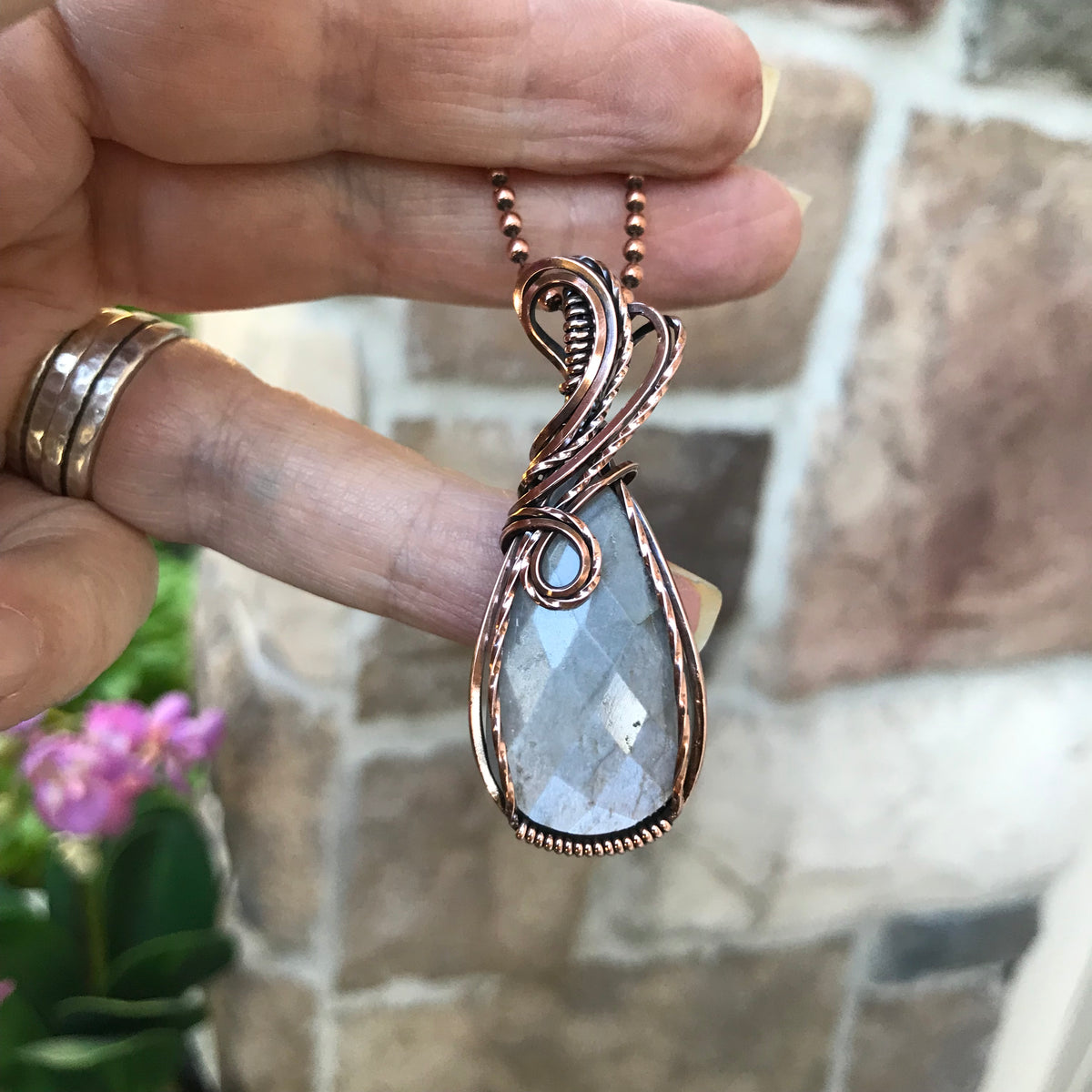 Faceted Gray Moonstone Copper Pendant