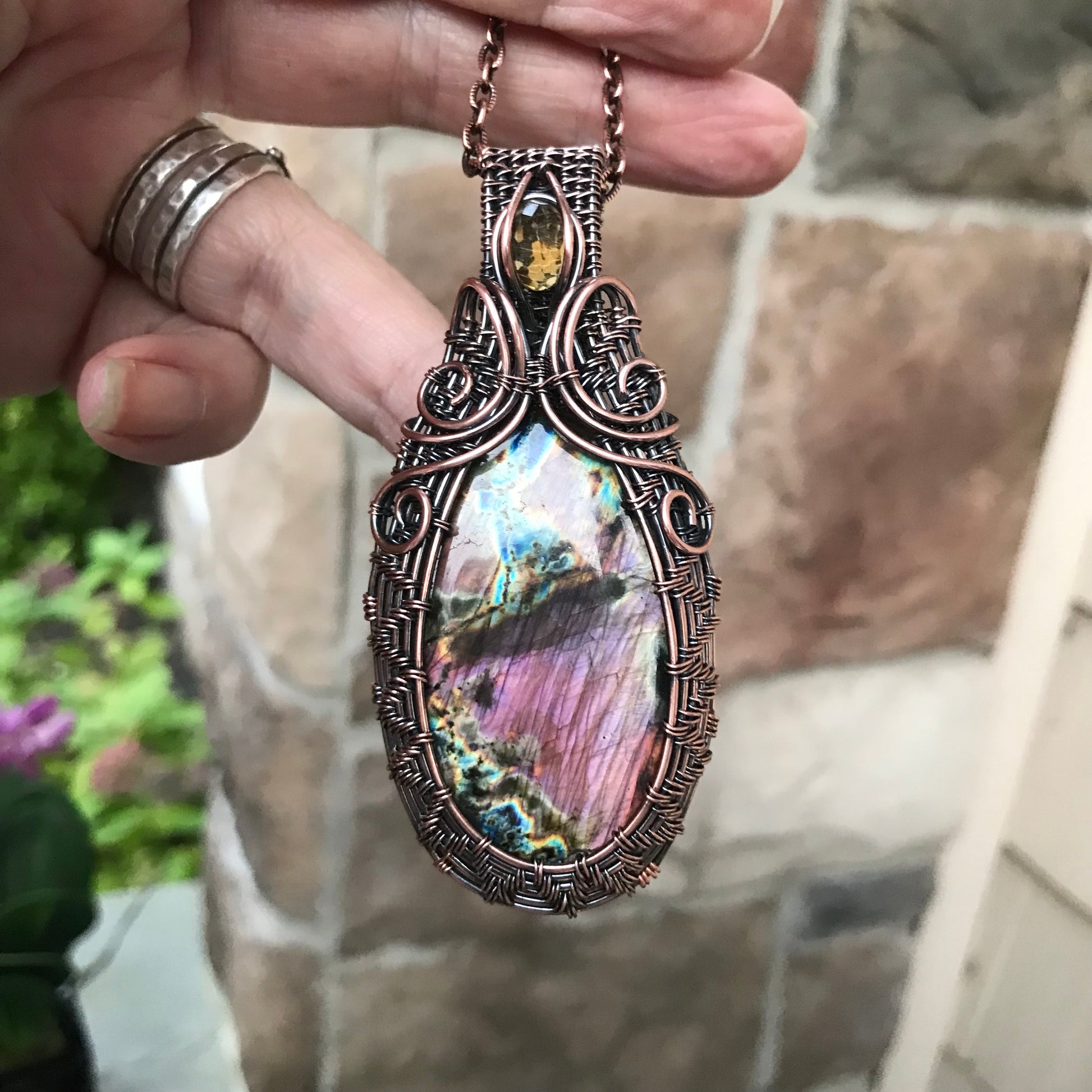 Purple Pink Labradorite with Citrine Woven Copper Pendant