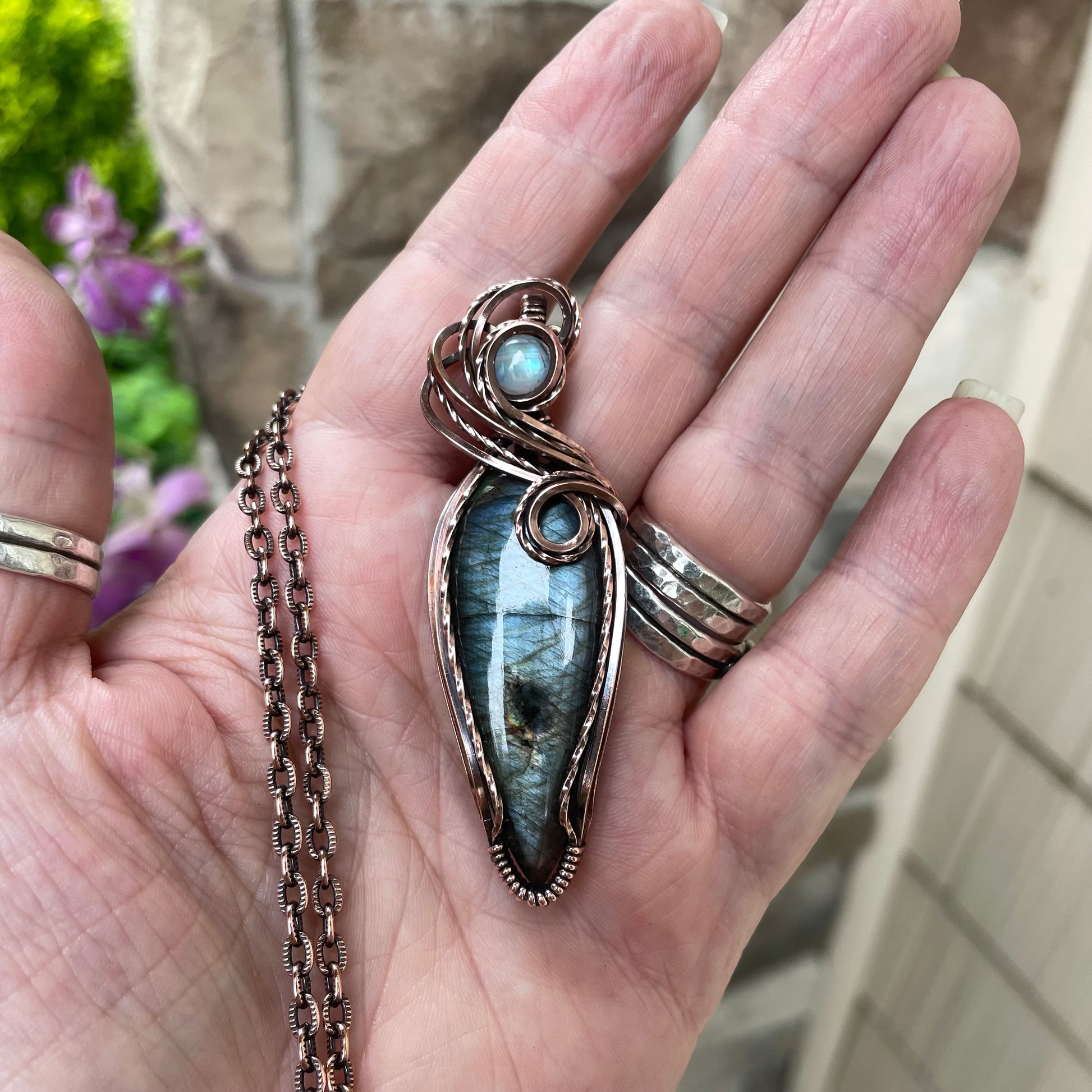 Slate Blue Slender Labradorite & Moonstone Copper Pendant