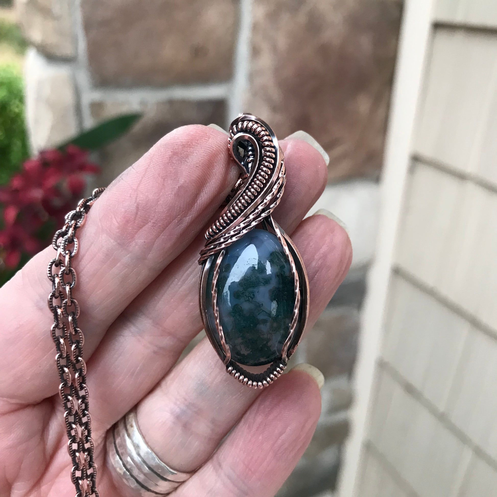 Moss Agate Oval Copper Pendant