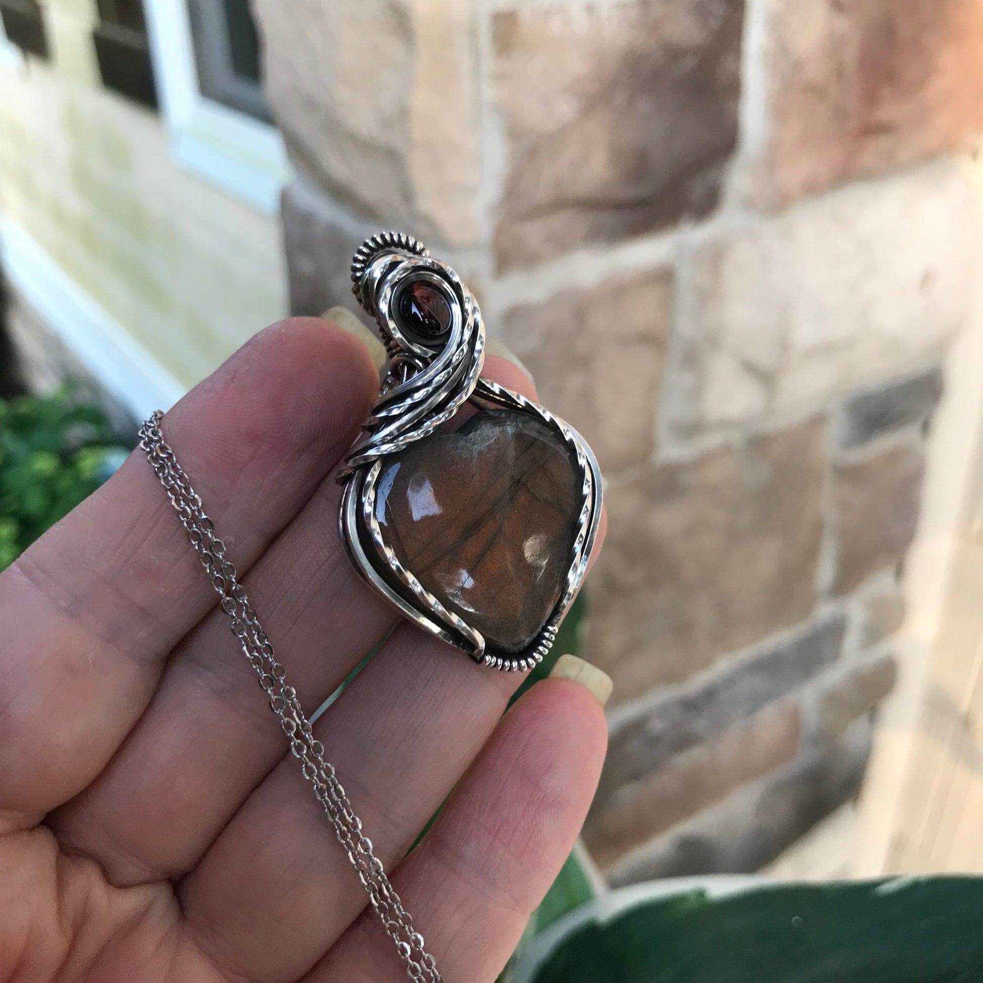 RESERVED FOR T. - Golden Amber Labradorite & Garnet Silver Pendant